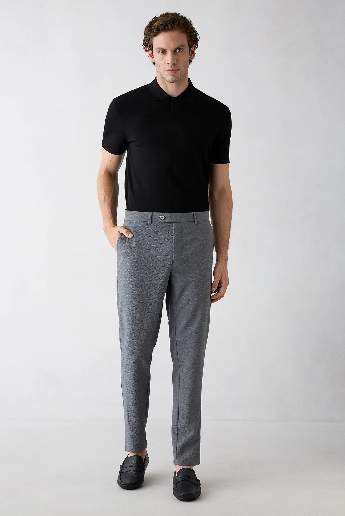 Orta Füme Straight Slim Fit Likralı Gofreli Çizgili Kanvas / Chino Pantolon