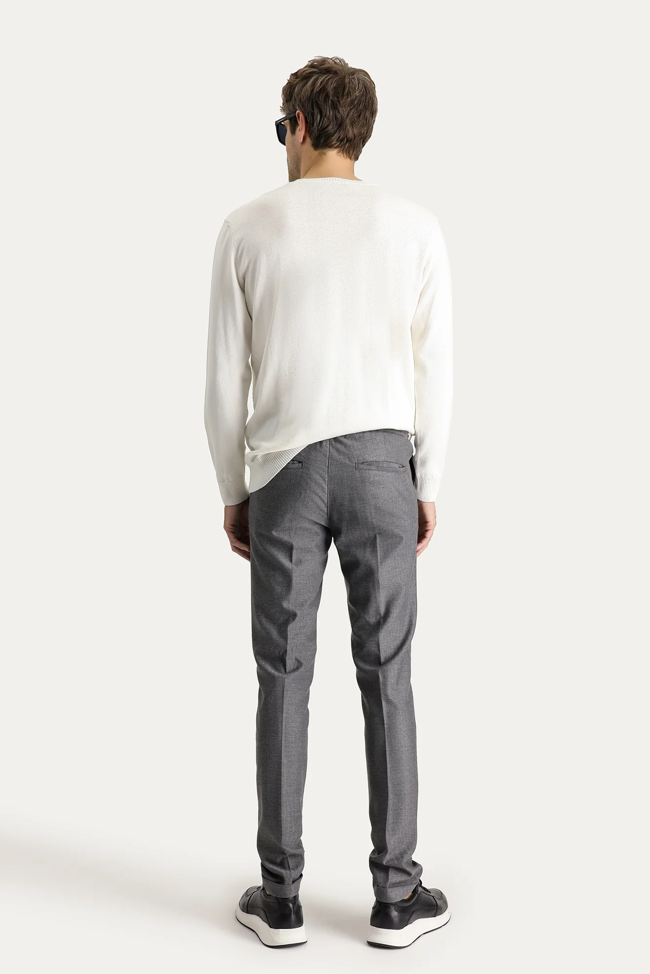 Orta Füme Slim Fit Dar Kesim Beli Lastikli İpli Desenli Likralı Pantolon - Image 3