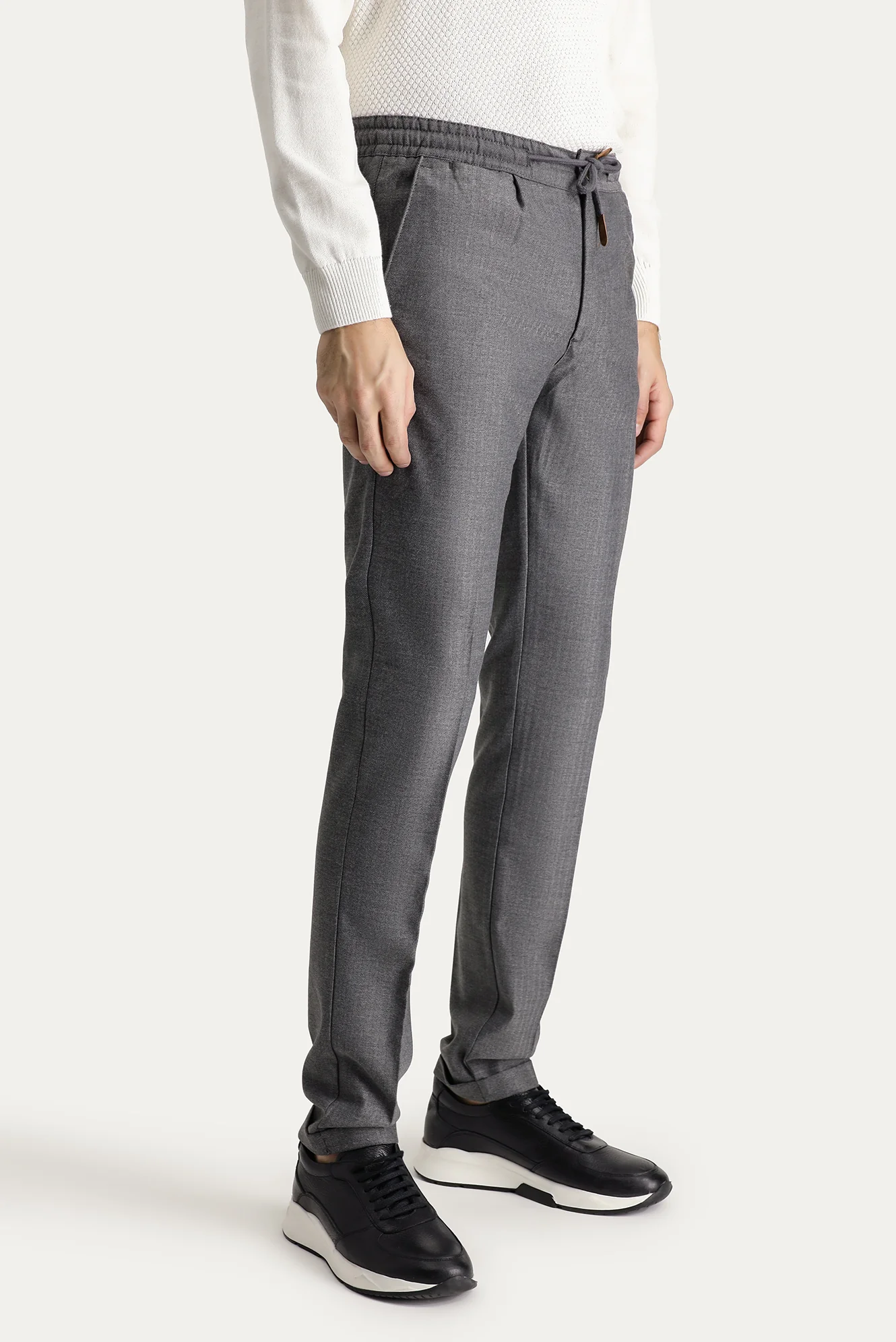 Orta Füme Slim Fit Dar Kesim Beli Lastikli İpli Desenli Likralı Pantolon - Image 4