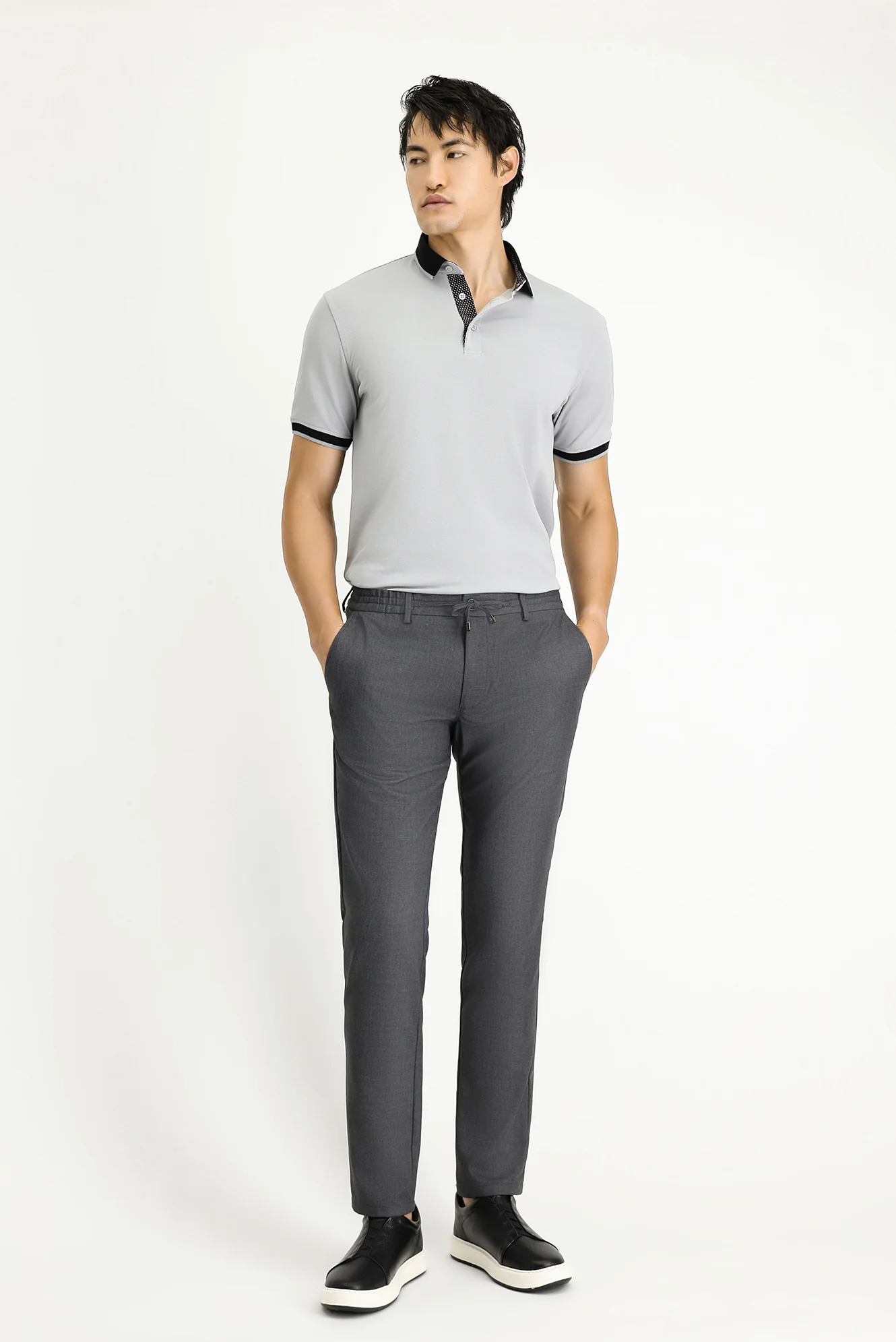 Orta Füme Slim Fit Dar Kesim Beli Lastikli İpli Likralı Pantolon