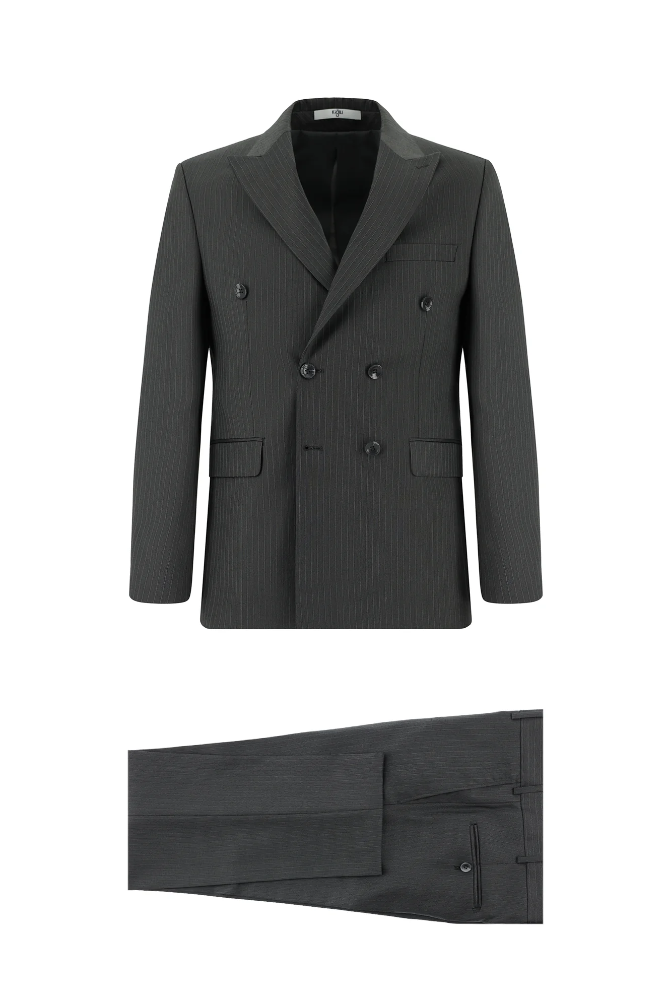 Orta Füme 7 Drop Slim Fit Dar Kesim Çizgili Kruvaze Takım Elbise