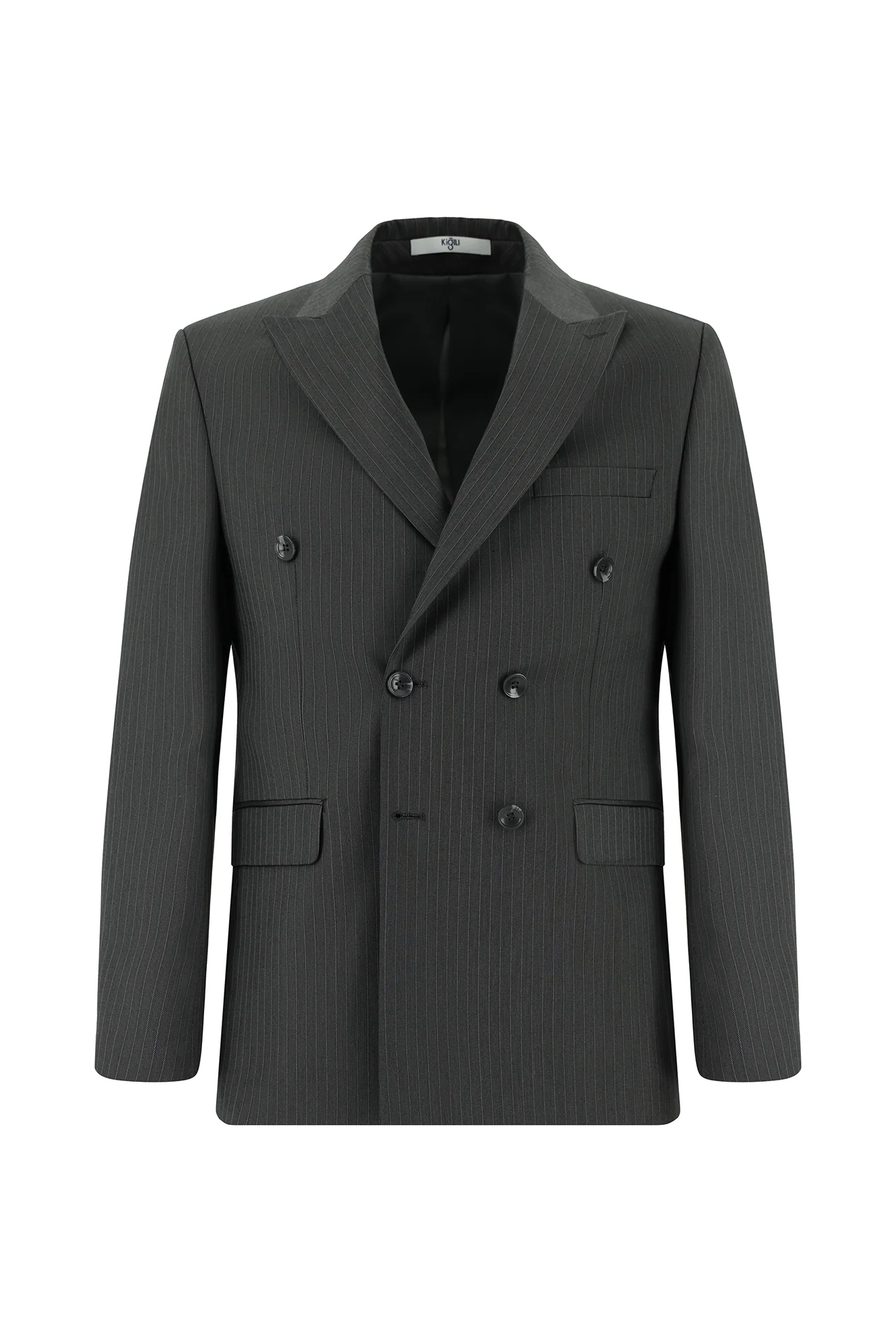 Orta Füme 7 Drop Slim Fit Dar Kesim Çizgili Kruvaze Takım Elbise - Image 2