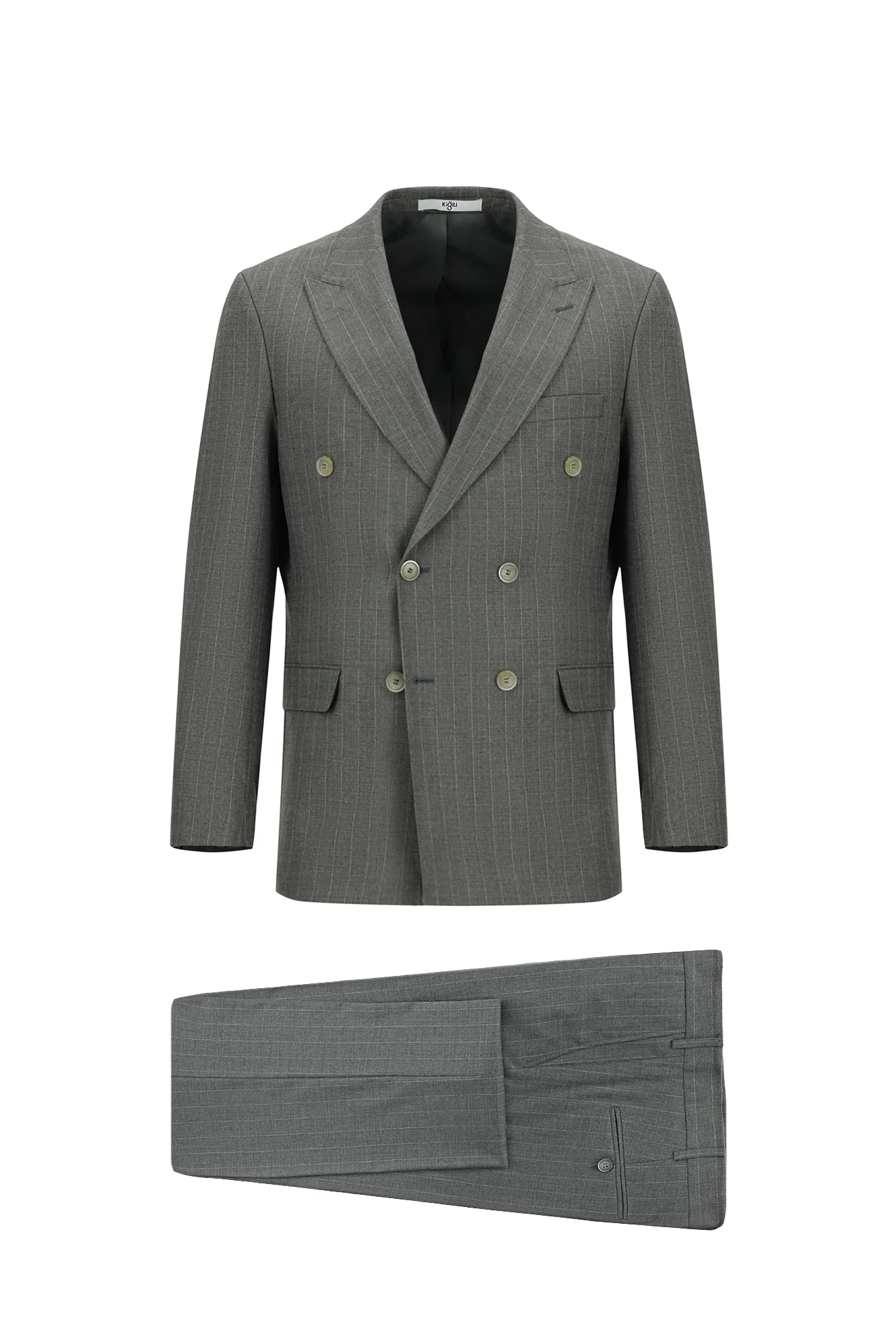 Orta Füme 7 Drop Slim Fit Dar Kesim Çizgili Kruvaze Takım Elbise