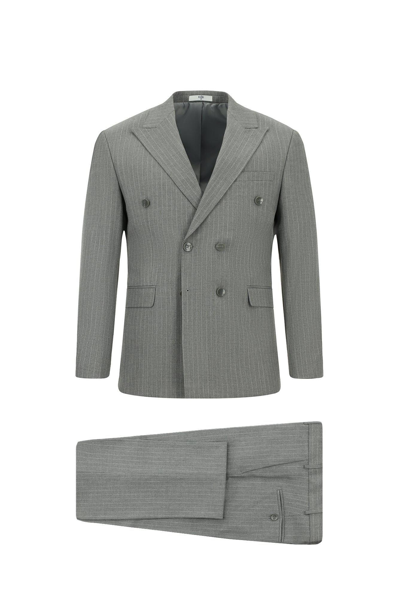 Orta Füme 7 Drop Slim Fit Dar Kesim Çizgili Kruvaze Takım Elbise