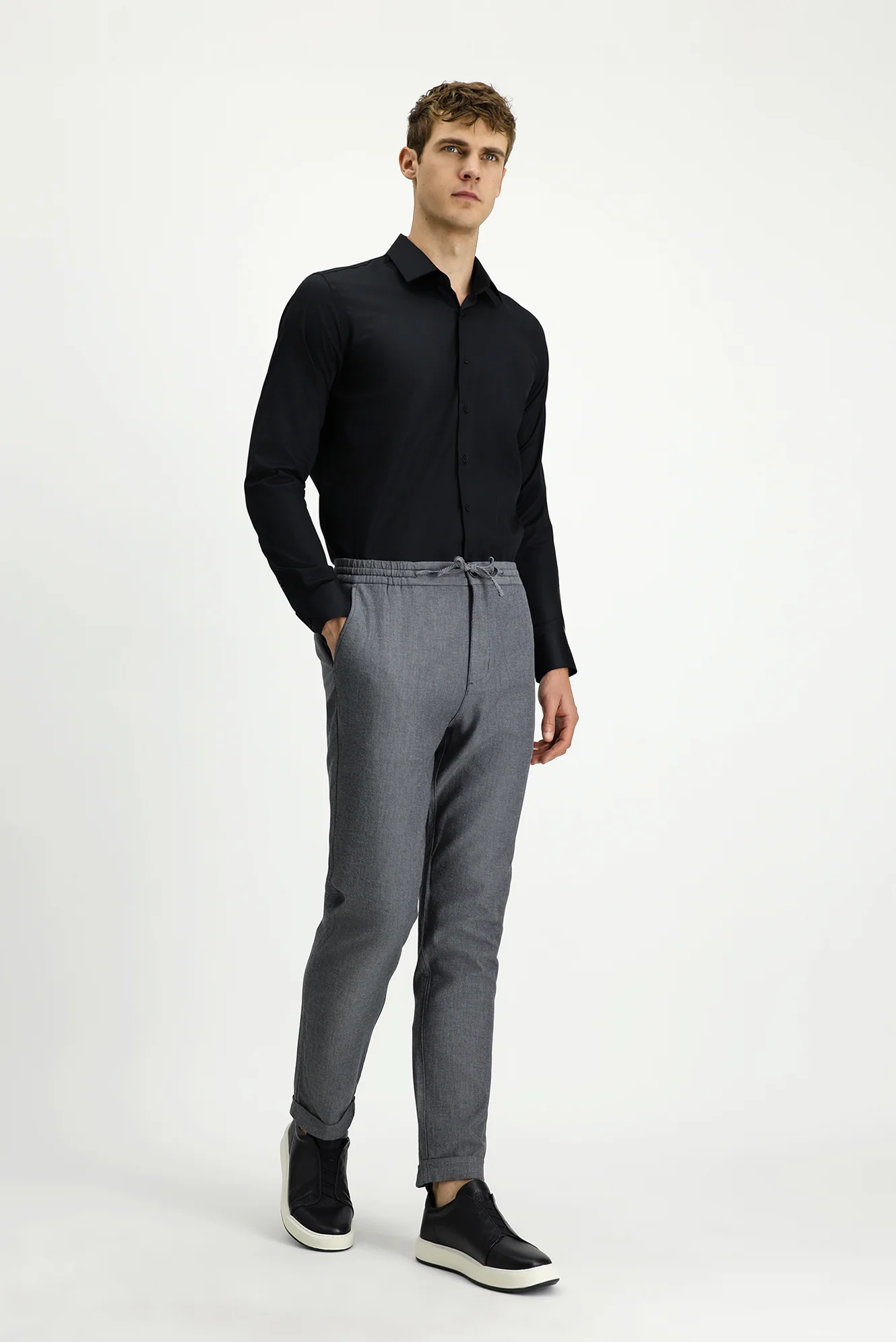 Orta Füme Slim Fit Dar Kesim Desenli Beli Lastikli İpli Likralı Jogger Pantolon - Image 2