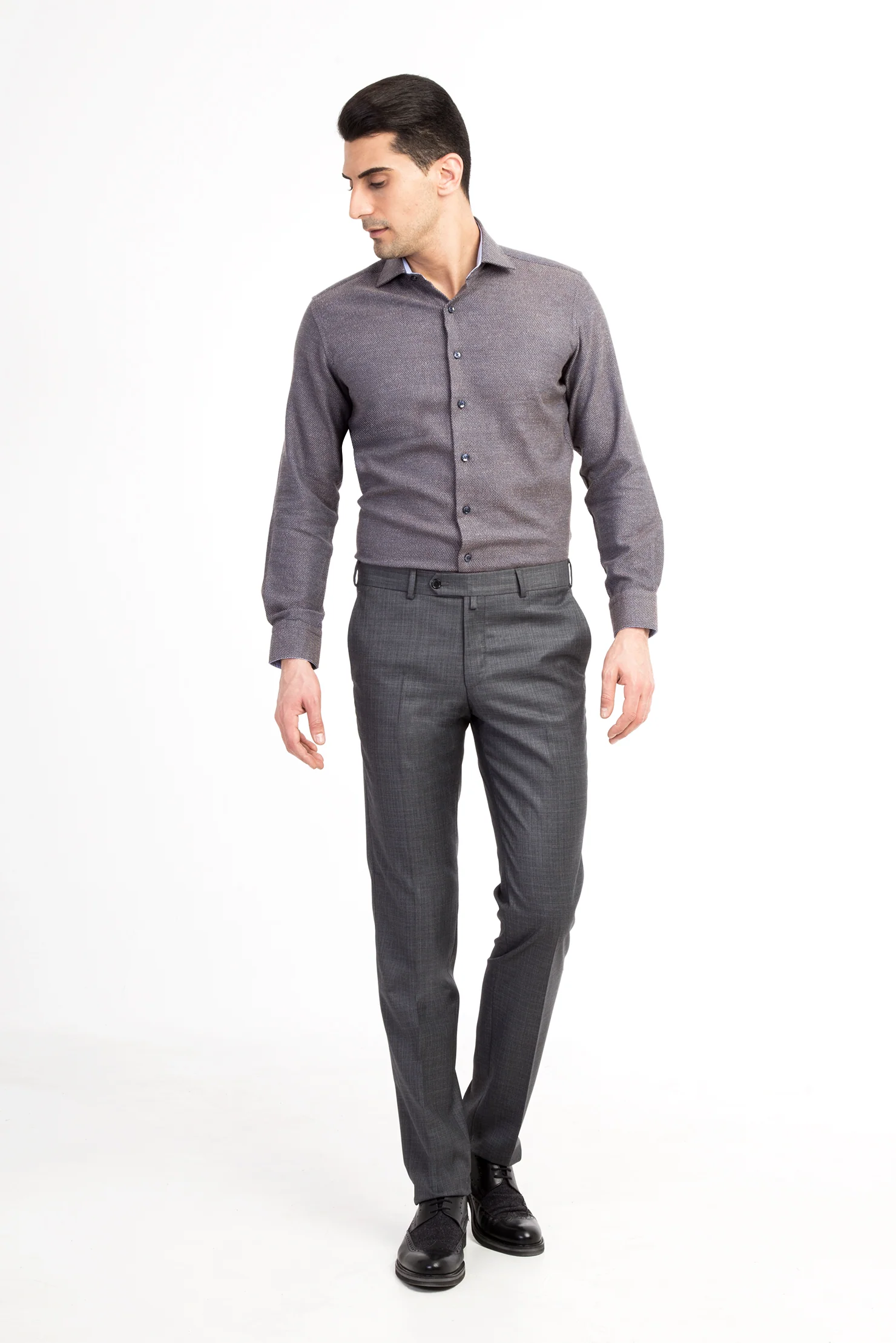 Orta Füme 7 Drop Slim Fit Dar Kesim Ekose Kumaş Pantolon