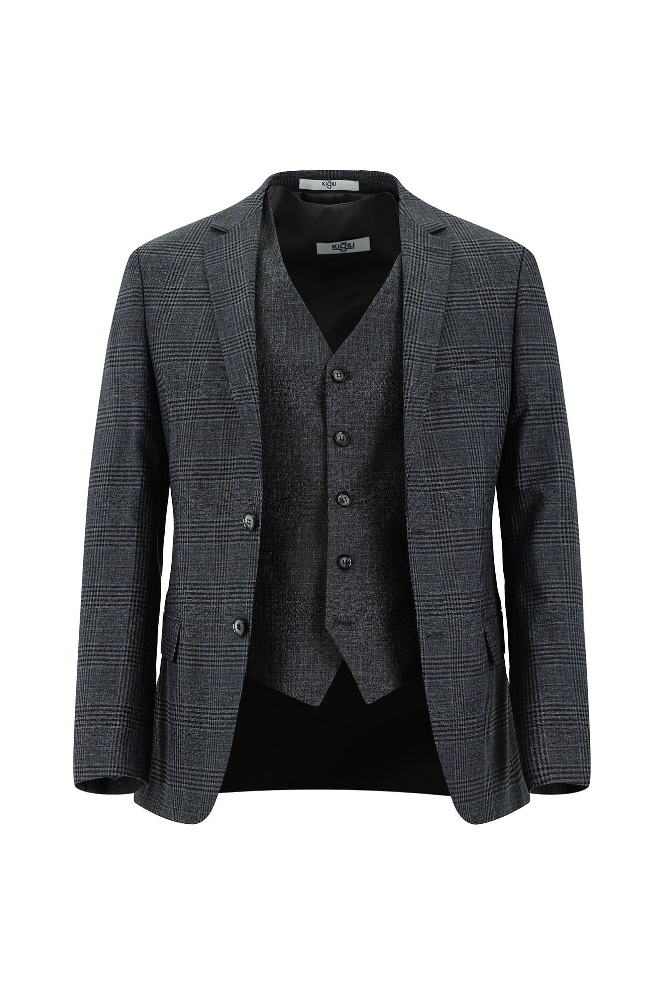Orta Füme 7 Drop Slim Fit Dar Kesim Ekose Yelekli Kombinli Takım Elbise - Image 2