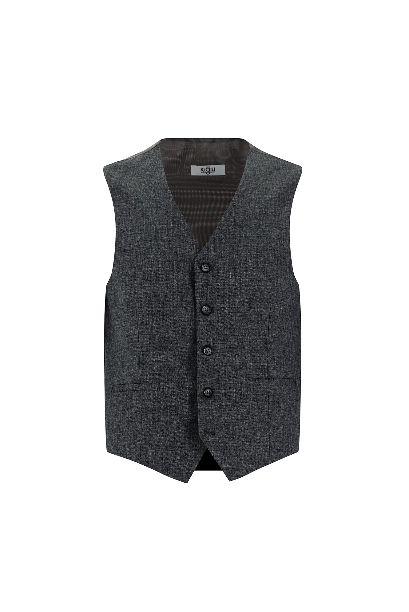 Orta Füme 7 Drop Slim Fit Dar Kesim Ekose Yelekli Kombinli Takım Elbise - Image 4
