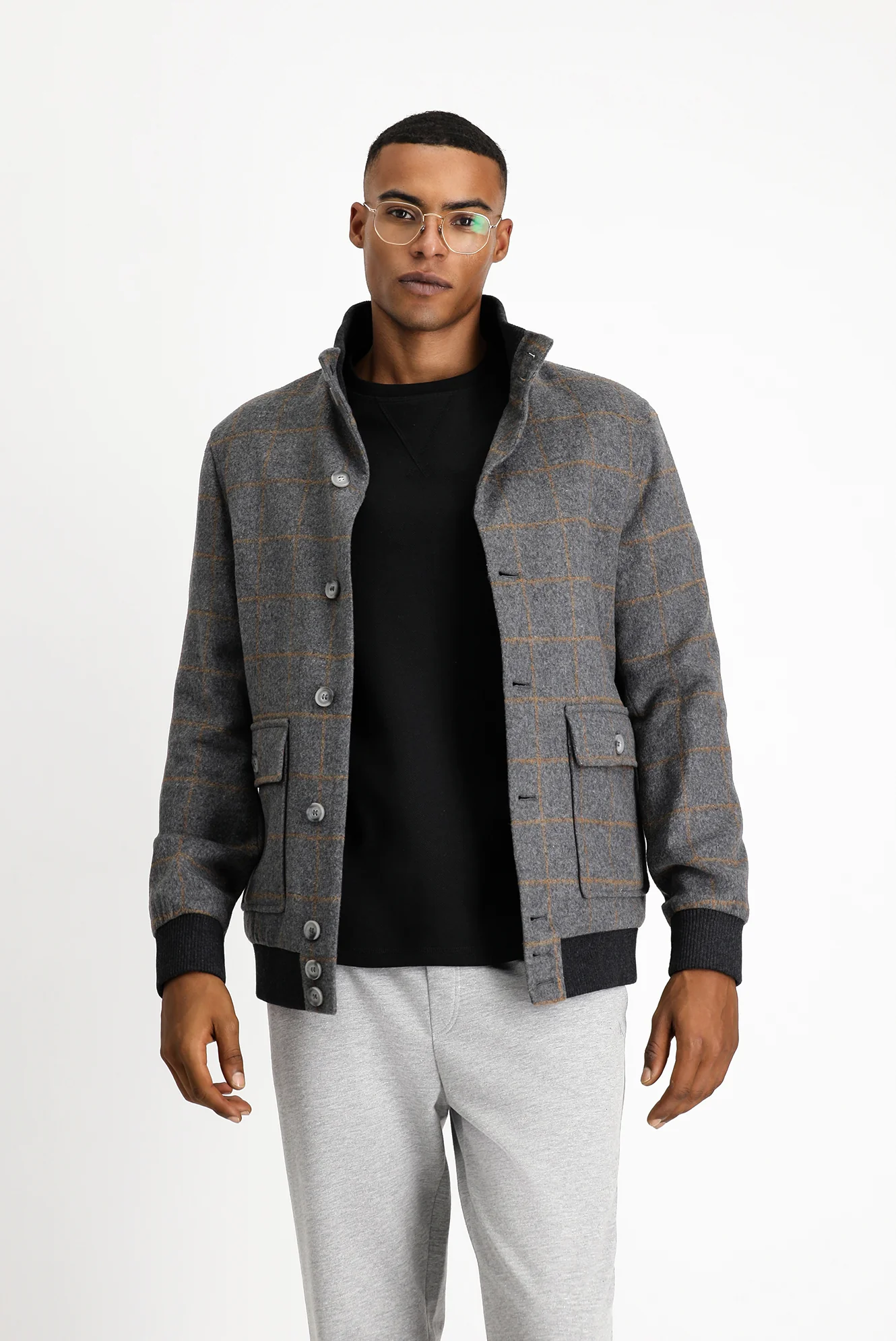 Orta Füme Slim Fit Dar Kesim Kareli Yünlü Bomber Ceket Mont - Image 4
