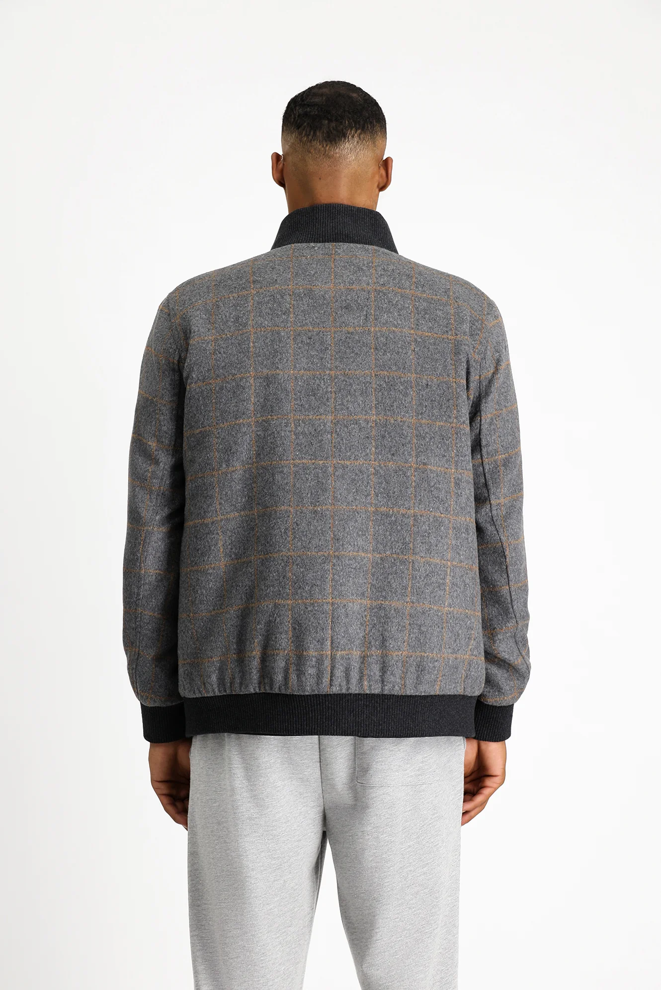 Orta Füme Slim Fit Dar Kesim Kareli Yünlü Bomber Ceket Mont - Image 5
