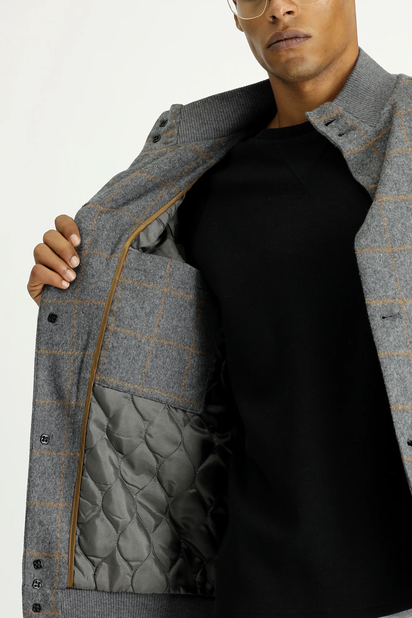 Orta Füme Slim Fit Dar Kesim Kareli Yünlü Bomber Ceket Mont - Image 7
