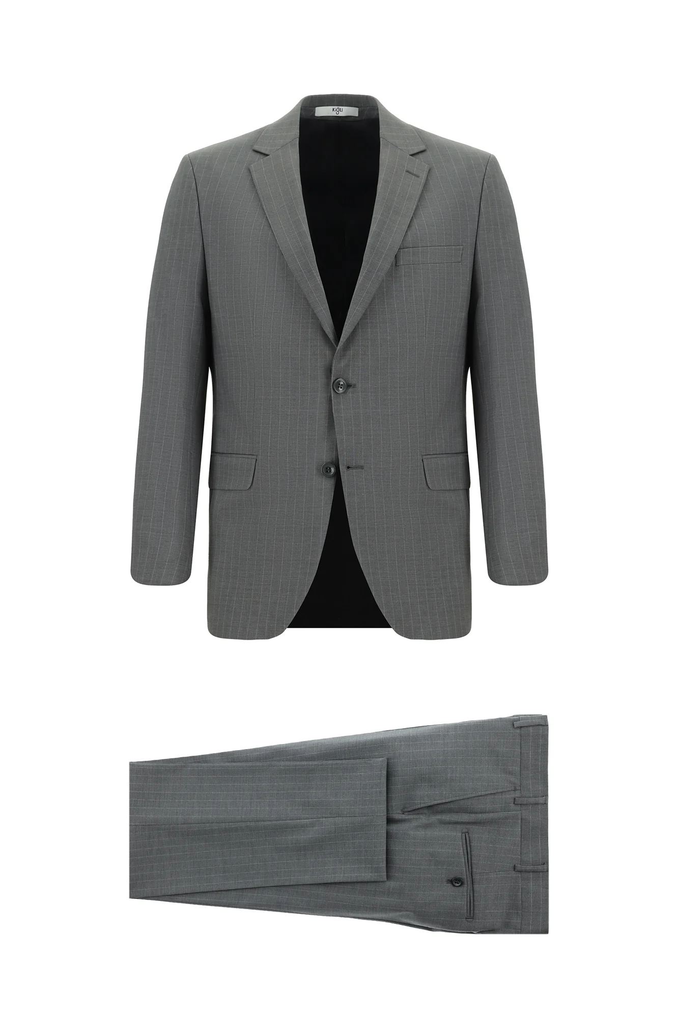 Orta Füme 7 Drop Slim Fit Dar Kesim Yünlü Çizgili Takım Elbise