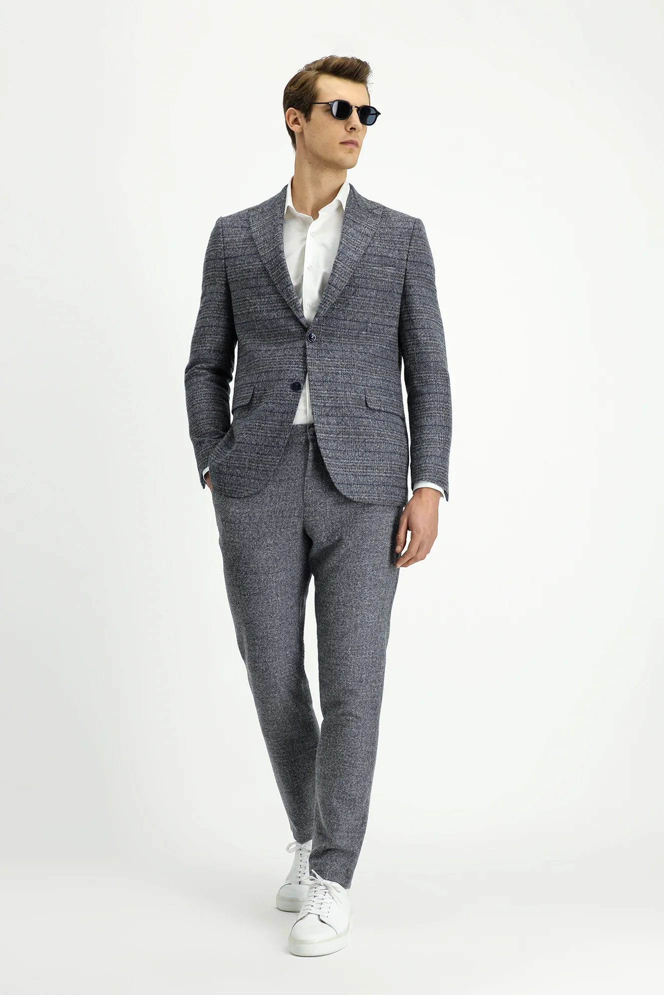 Orta Füme 6 Drop Regular Fit Standart Kesim Beli Lastikli Ekose Yünlü Kombinli Takım Elbise - Image 2