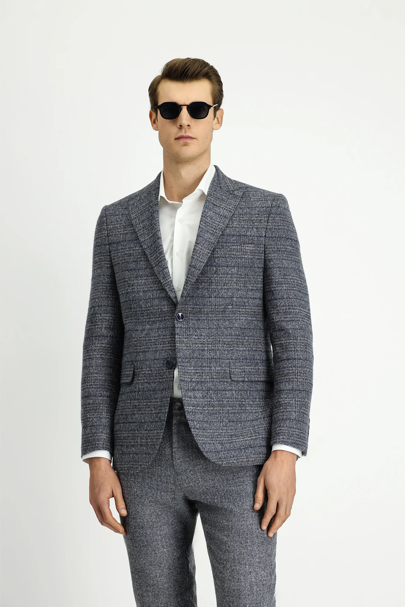Orta Füme 6 Drop Regular Fit Standart Kesim Beli Lastikli Ekose Yünlü Kombinli Takım Elbise - Image 3