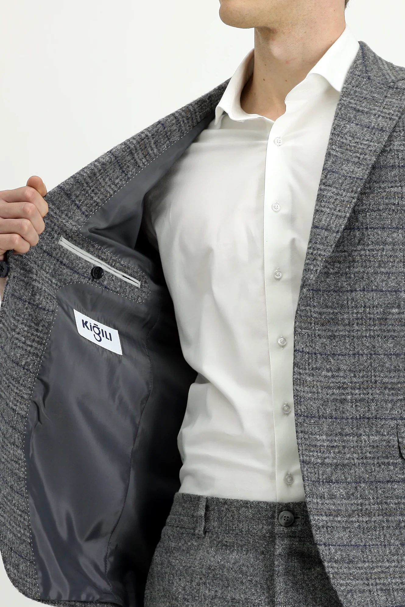 Orta Füme 6 Drop Regular Fit Standart Kesim Beli Lastikli Ekose Yünlü Kombinli Takım Elbise - Image 6