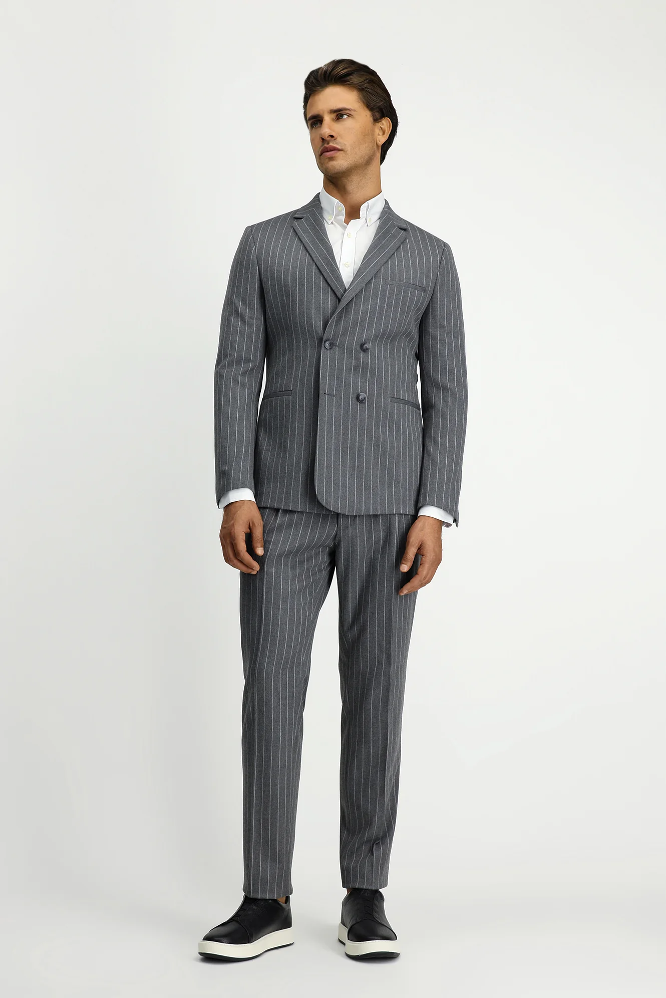 Orta Füme 7 Drop Slim Fit Dar Kesim Çizgili Beli Tokalı Kruvaze Takım Elbise