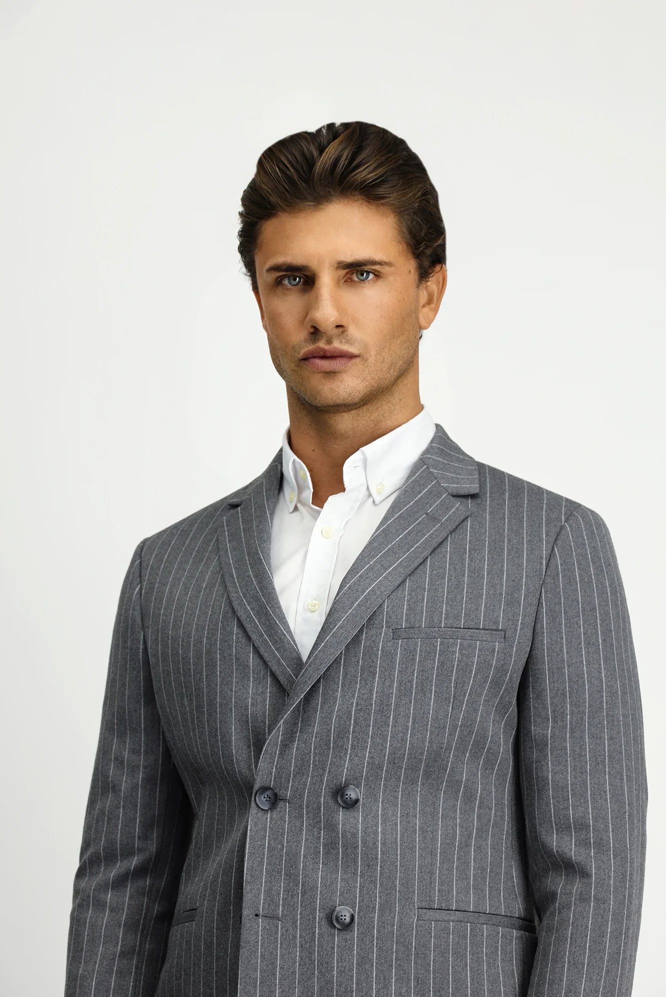 Orta Füme 7 Drop Slim Fit Dar Kesim Çizgili Beli Tokalı Kruvaze Takım Elbise - Image 4