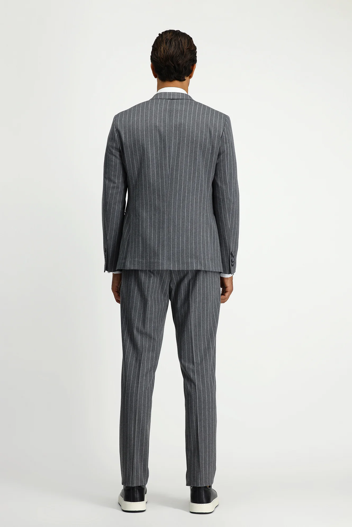 Orta Füme 7 Drop Slim Fit Dar Kesim Çizgili Beli Tokalı Kruvaze Takım Elbise - Image 5