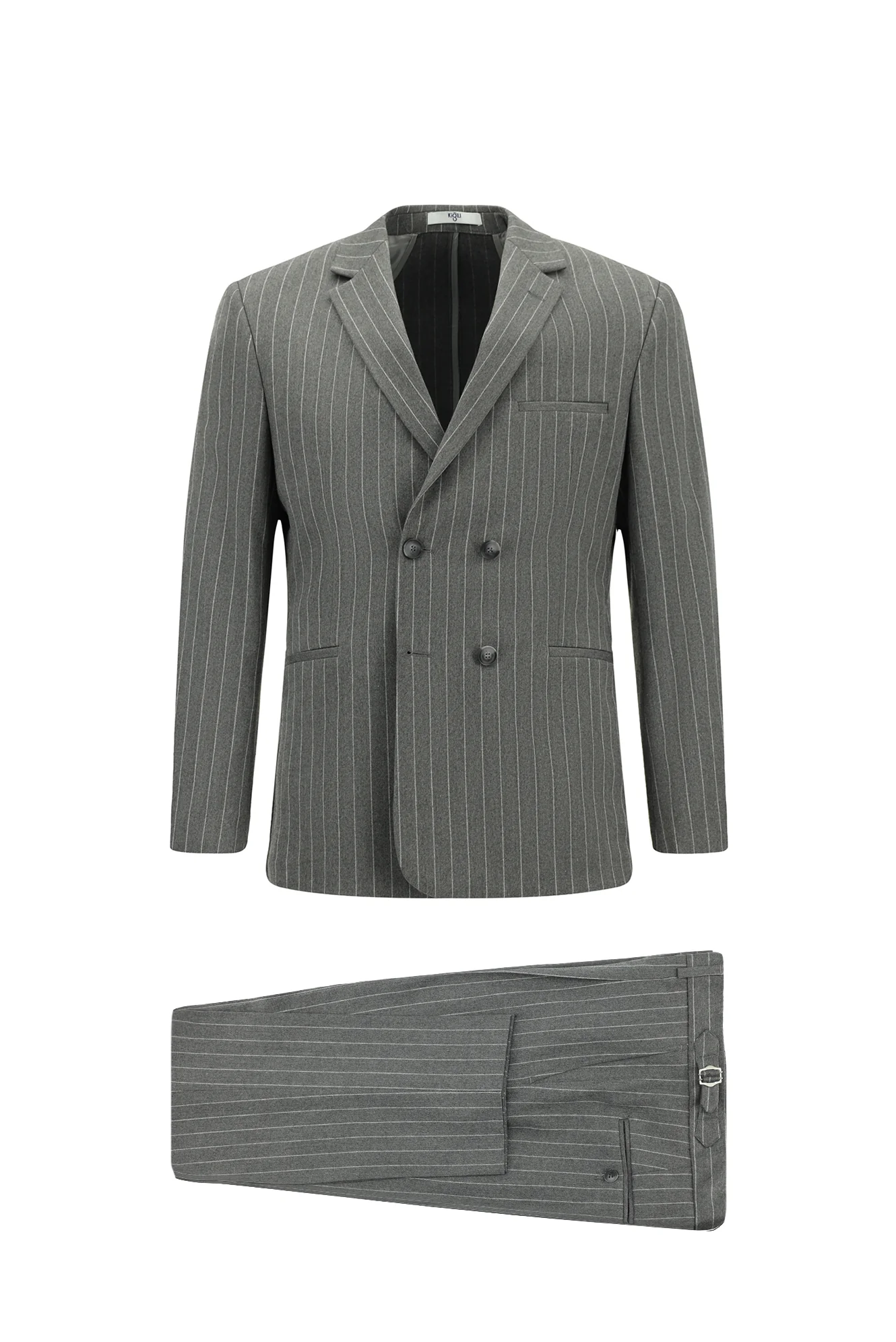 Orta Füme 7 Drop Slim Fit Dar Kesim Çizgili Beli Tokalı Kruvaze Takım Elbise - Image 8