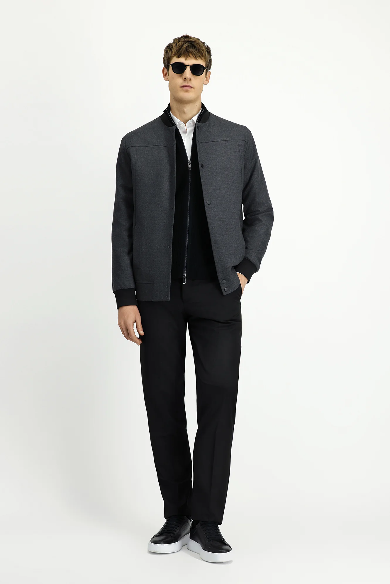Orta Füme Slim Fit Dar Kesim Likralı Çıtçıtlı Cepli Bomber Ceket Mont - Image 2