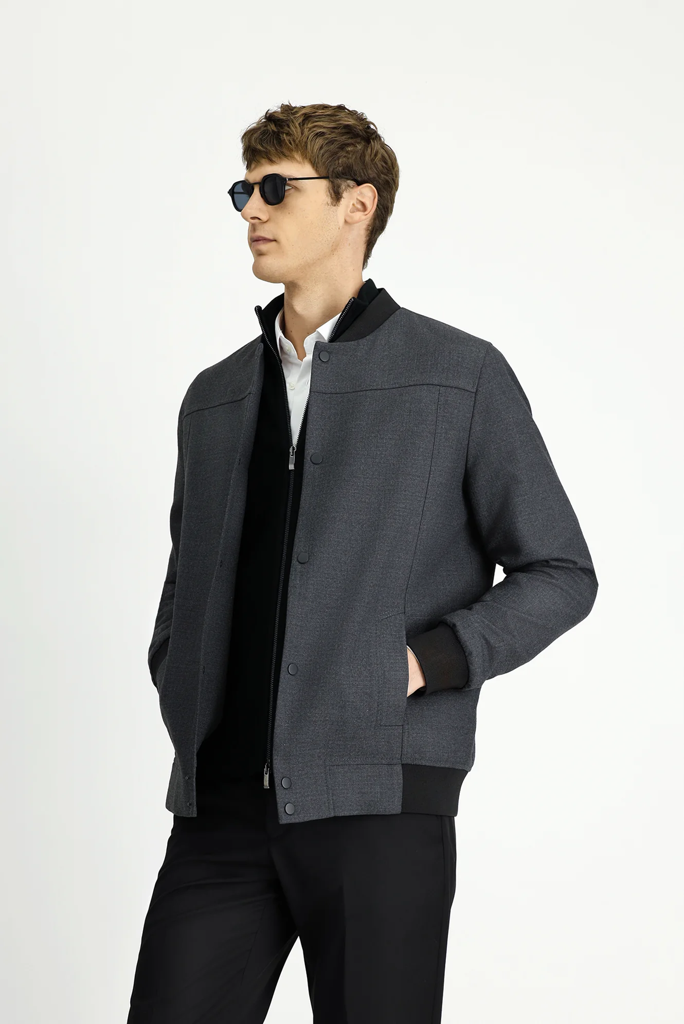 Orta Füme Slim Fit Dar Kesim Likralı Çıtçıtlı Cepli Bomber Ceket Mont - Image 4
