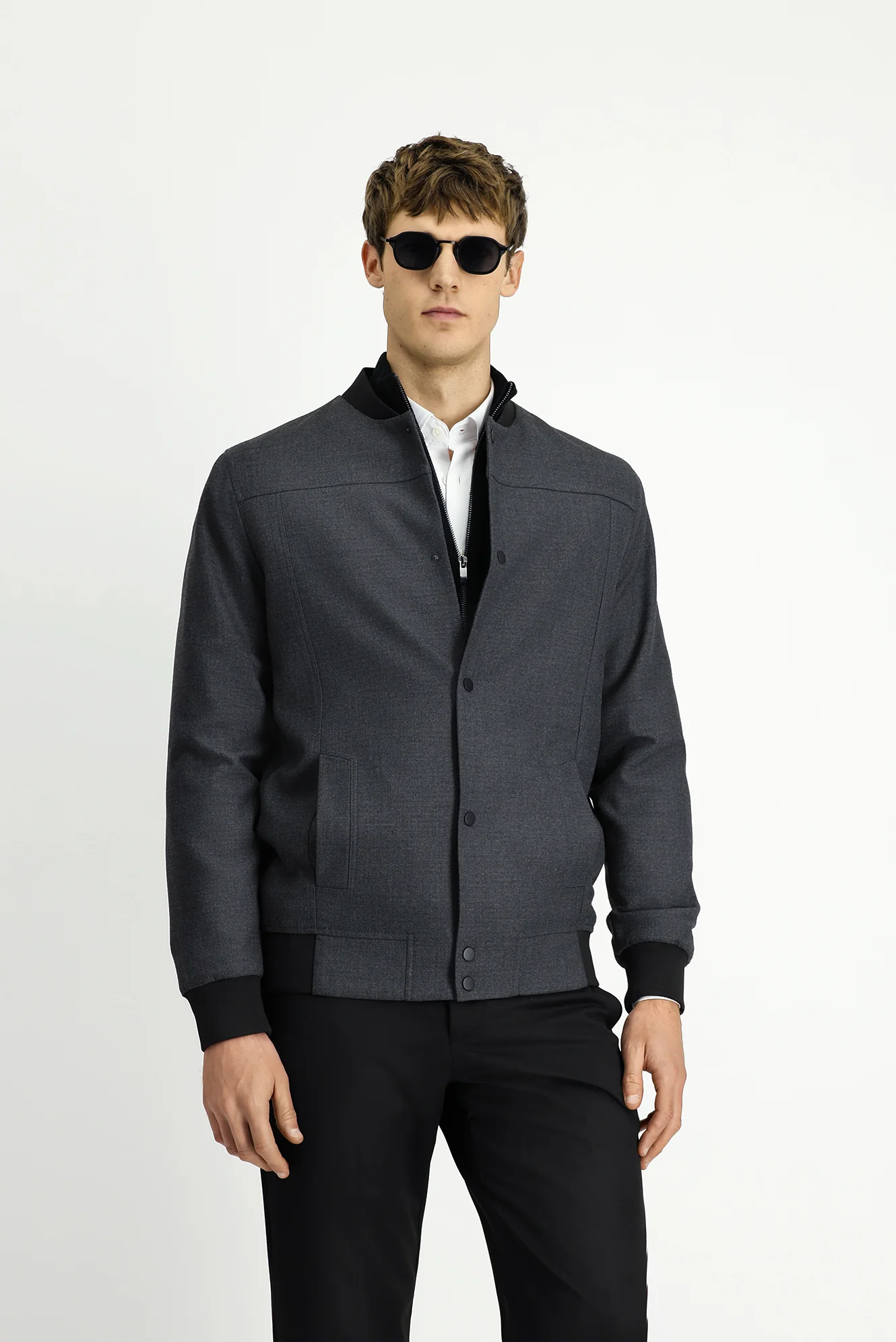 Orta Füme Slim Fit Dar Kesim Likralı Çıtçıtlı Cepli Bomber Ceket Mont - Image 5