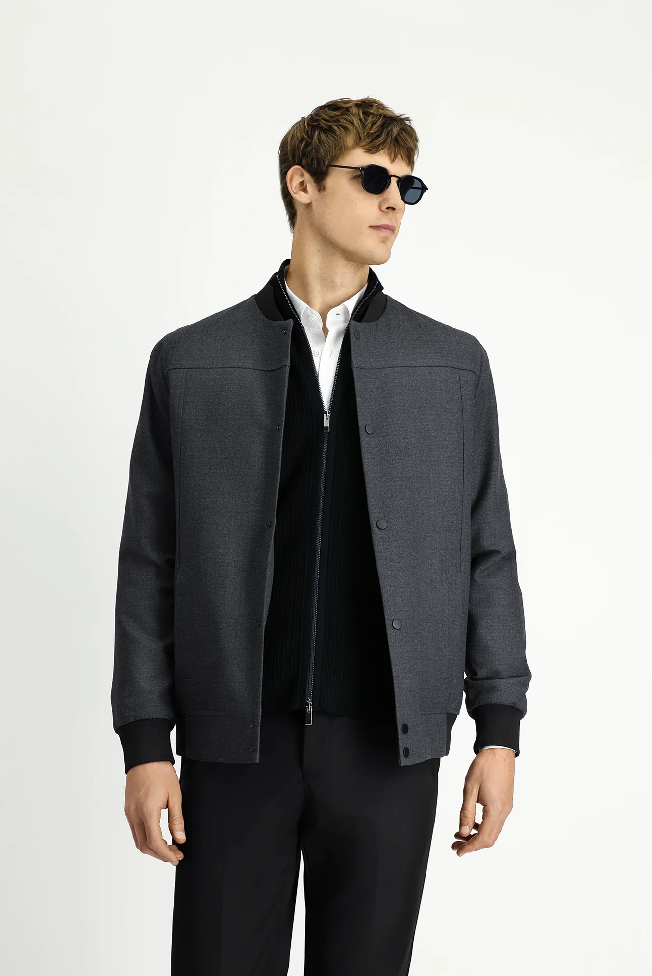 Orta Füme Slim Fit Dar Kesim Likralı Çıtçıtlı Cepli Bomber Ceket Mont