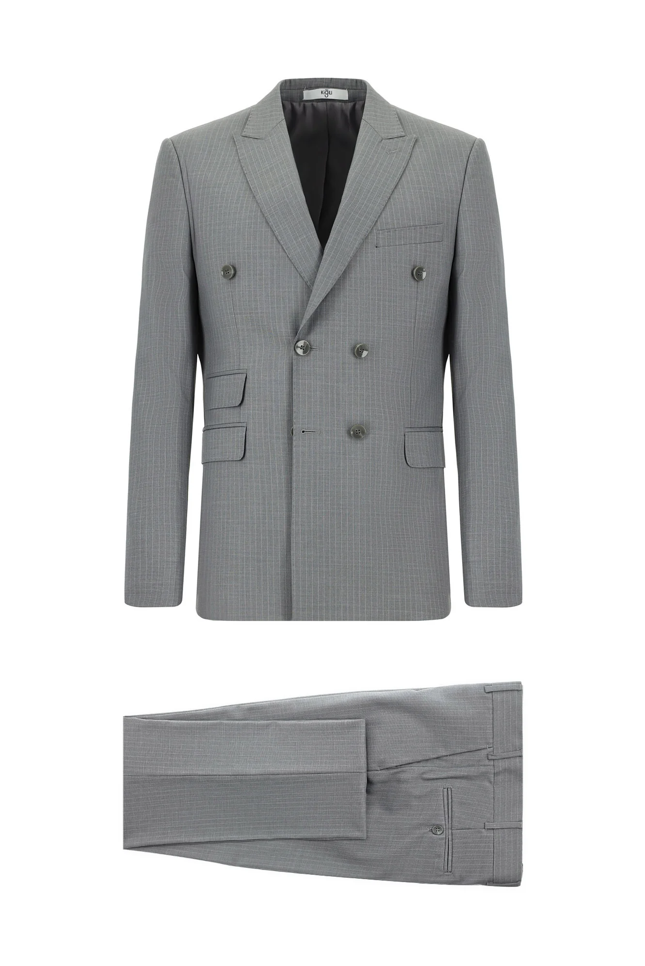 Orta Füme 7 Drop Super Slim Fit Eksra Dar Kesim Çizgili Kruvaze Takım Elbise