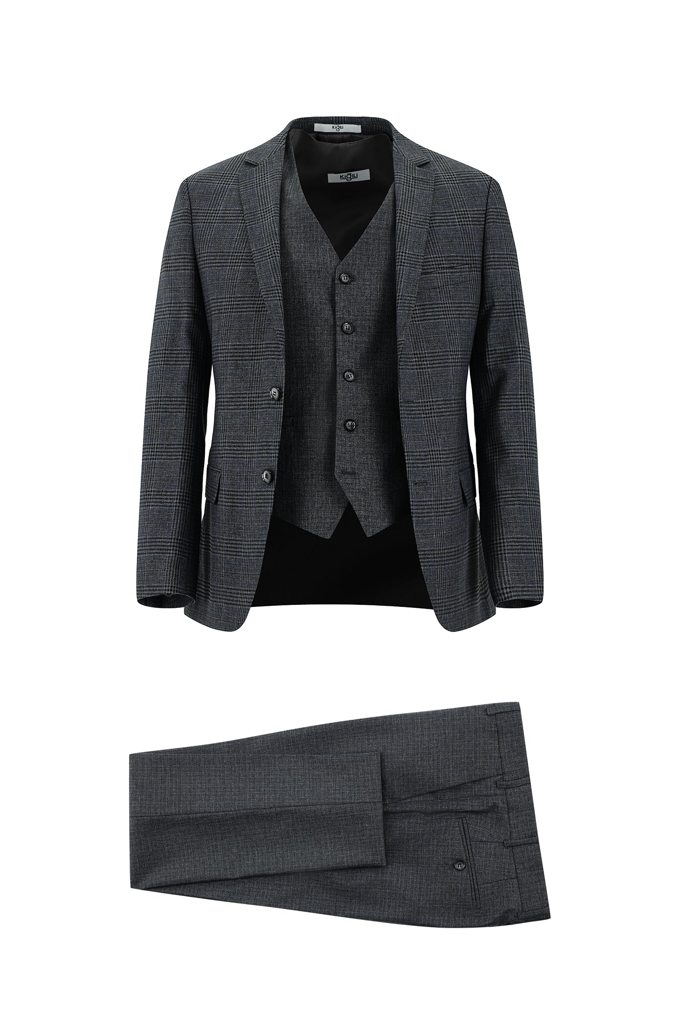 Orta Füme 7 Drop Super Slim Fit Eksra Dar Kesim Ekose Yelekli Kombinli Takım Elbise