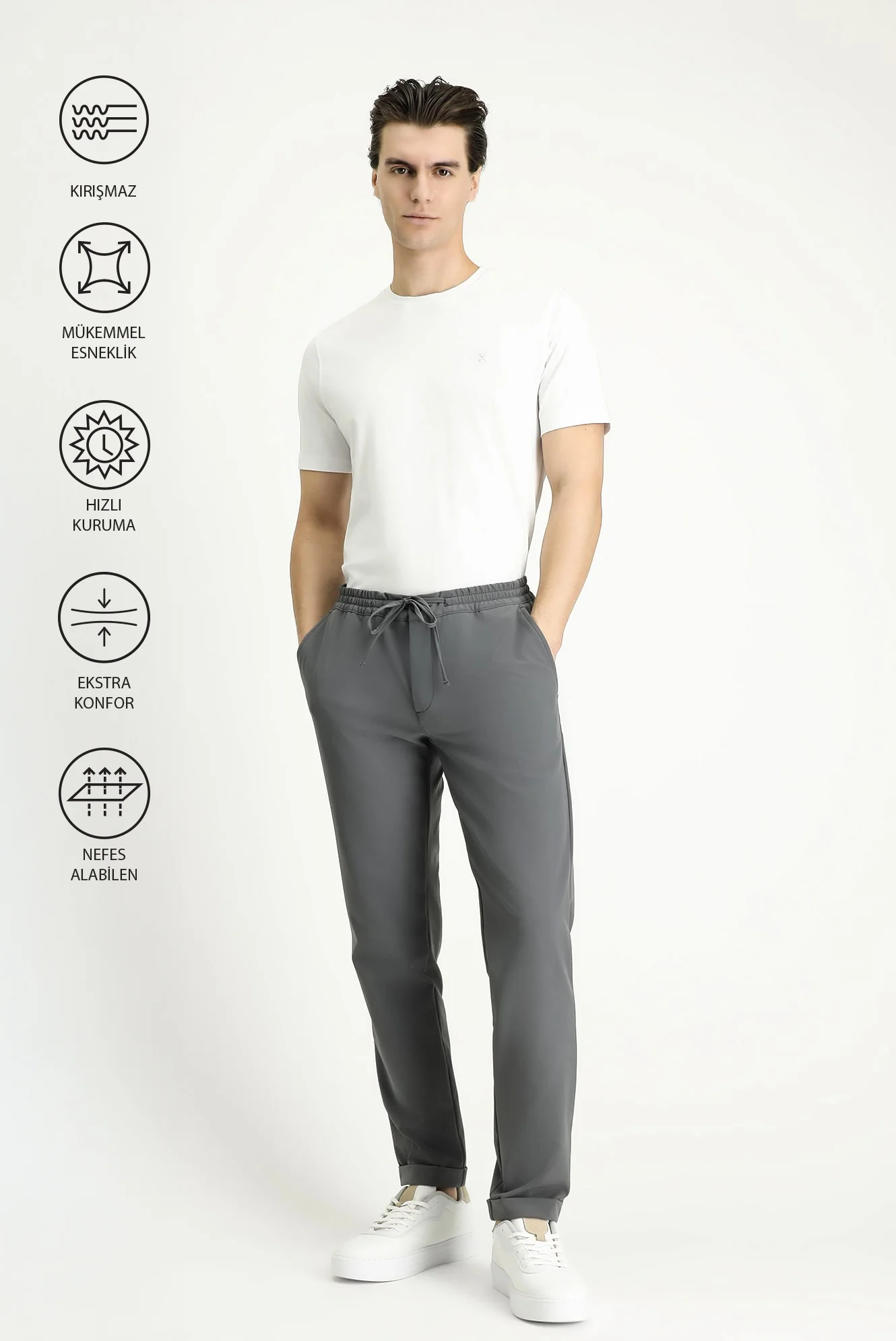 Orta Füme Techno-Line 7 Drop Slim Fit Dar Kesim Beli Lastikli İpli Likralı Klasik Kumaş Pantolon