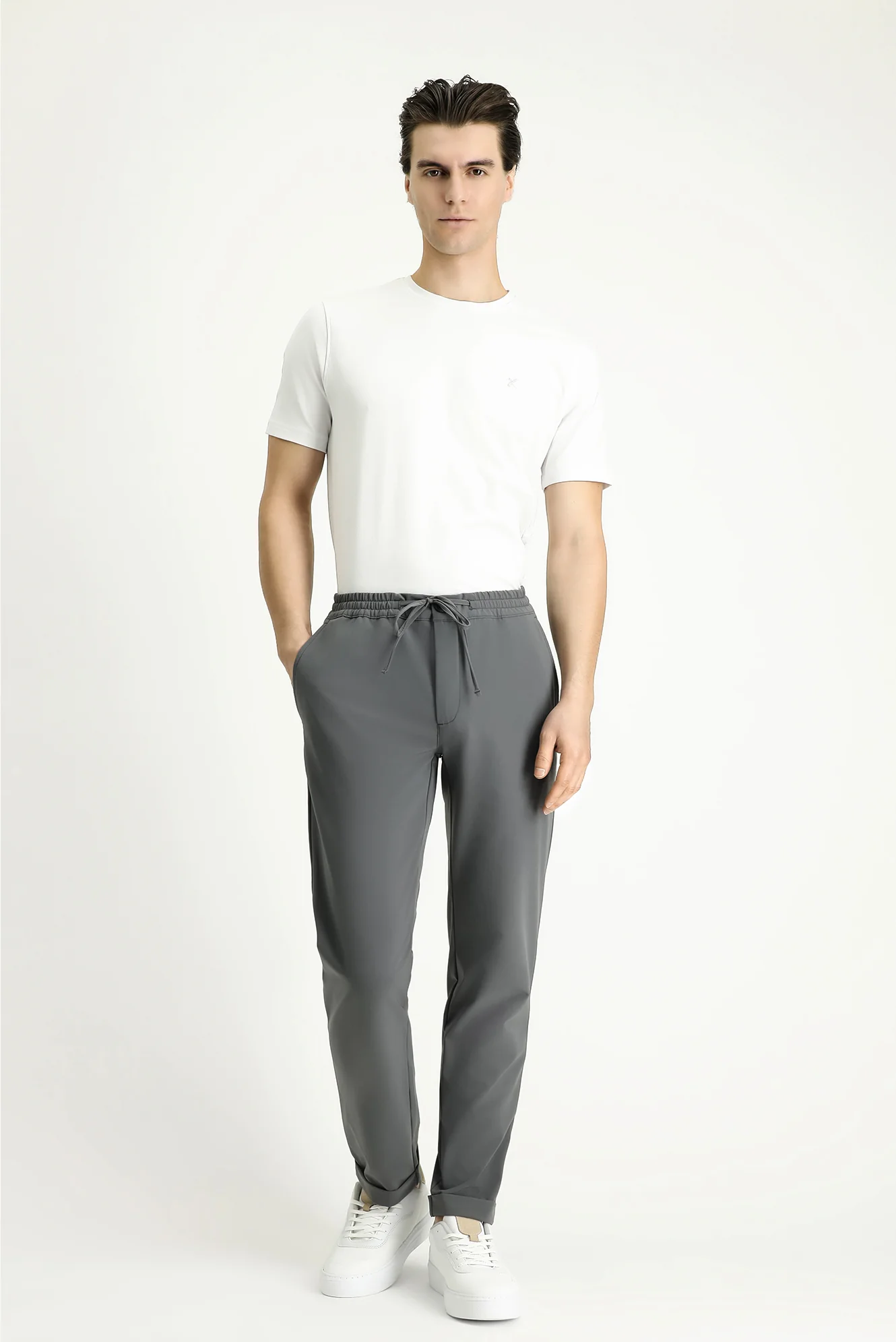 Orta Füme Techno-Line 7 Drop Slim Fit Dar Kesim Beli Lastikli İpli Likralı Klasik Kumaş Pantolon - Image 2