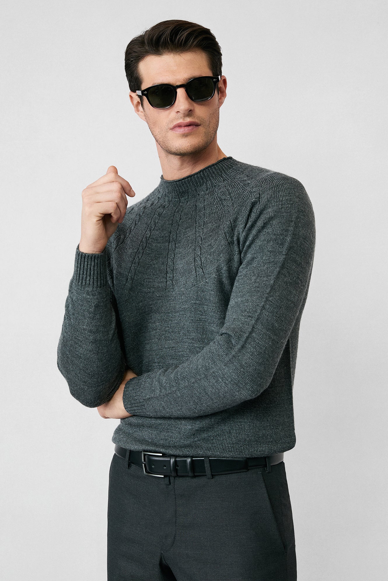 Orta Füme Yarım Balıkçı Yaka Slim Fit Desenli Dikişsiz Triko Kazak