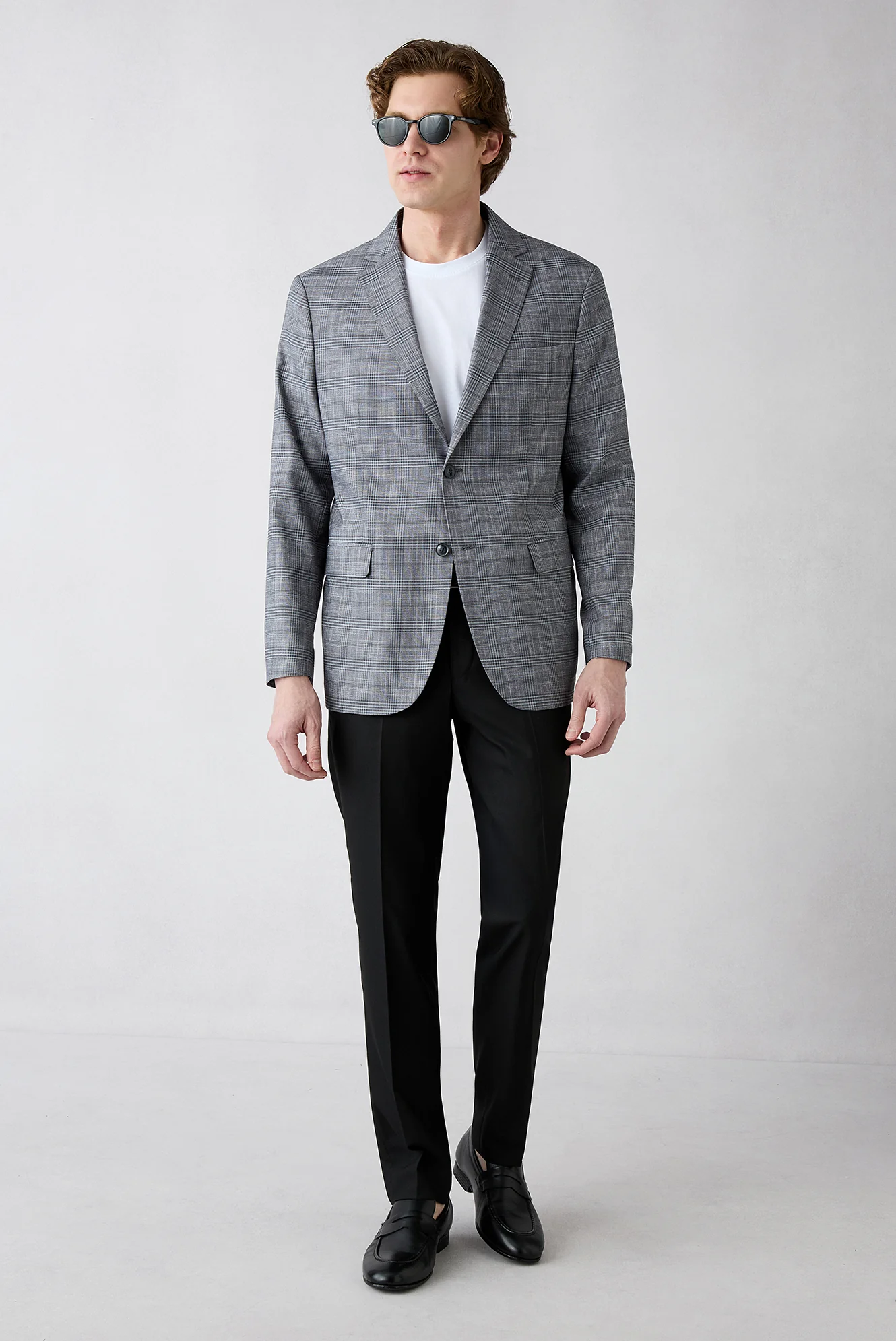 Orta Gri 7 Drop Slim Fit Dar Kesim Mono Yaka Klasik Ekose Ceket