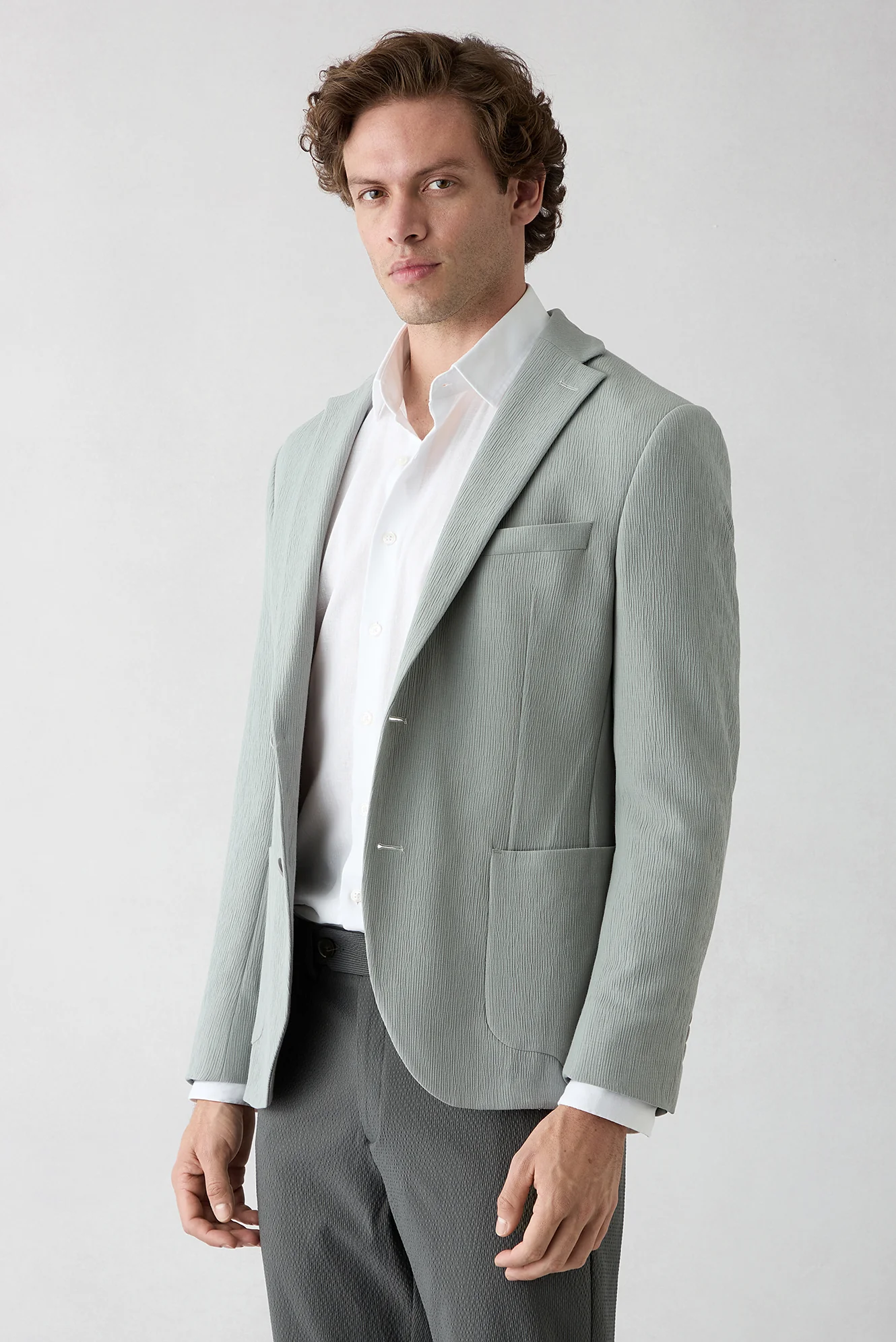 Orta Gri Techno-Line 7 Drop Slim Fit Dar Kesim Mono Yaka Keten Karışımlı Çizgili Çantalı Esnek Ceket - Image 2