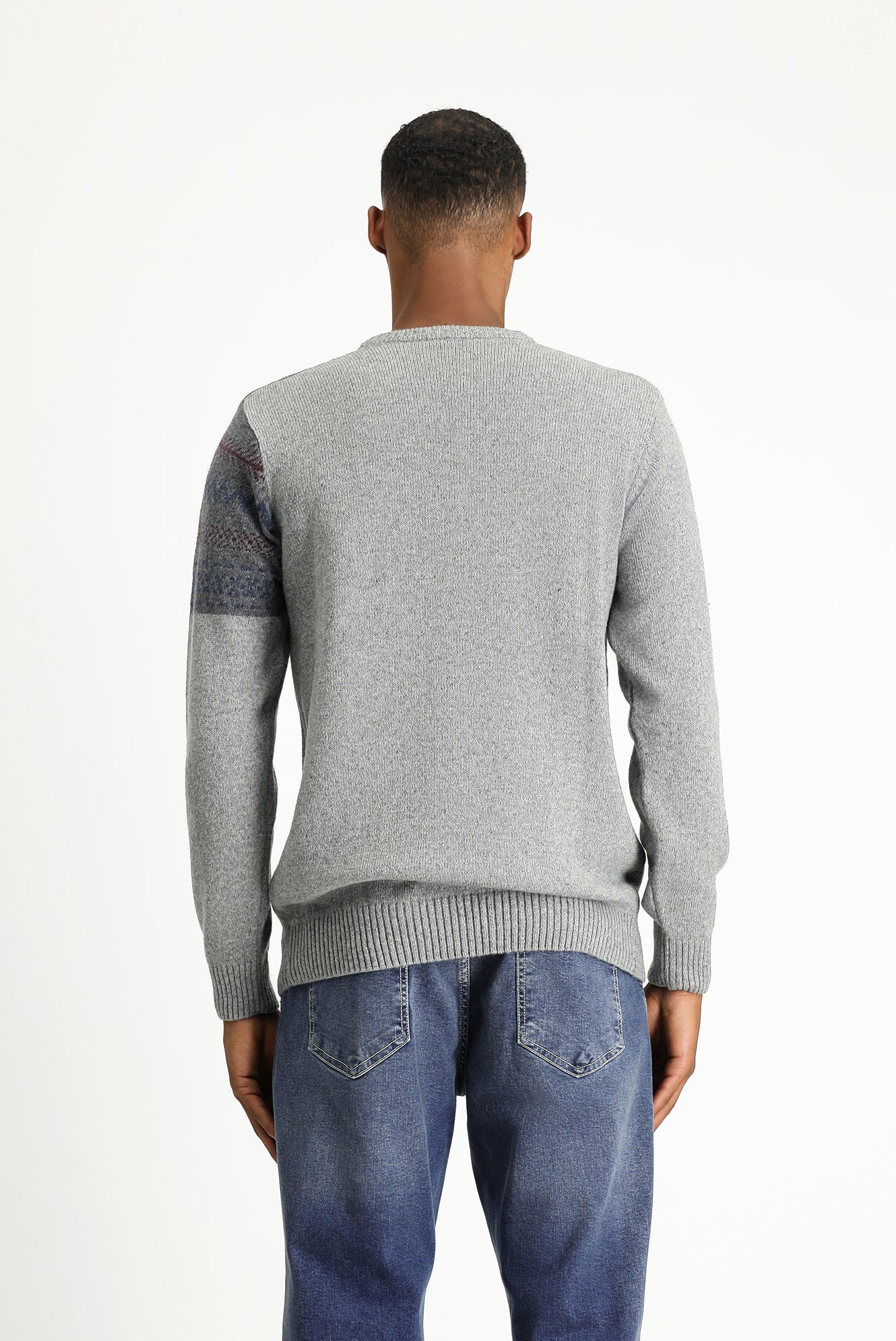 Orta Gri Bisiklet Yaka Slim Fit Desenli Yünlü Triko Kazak - Image 6