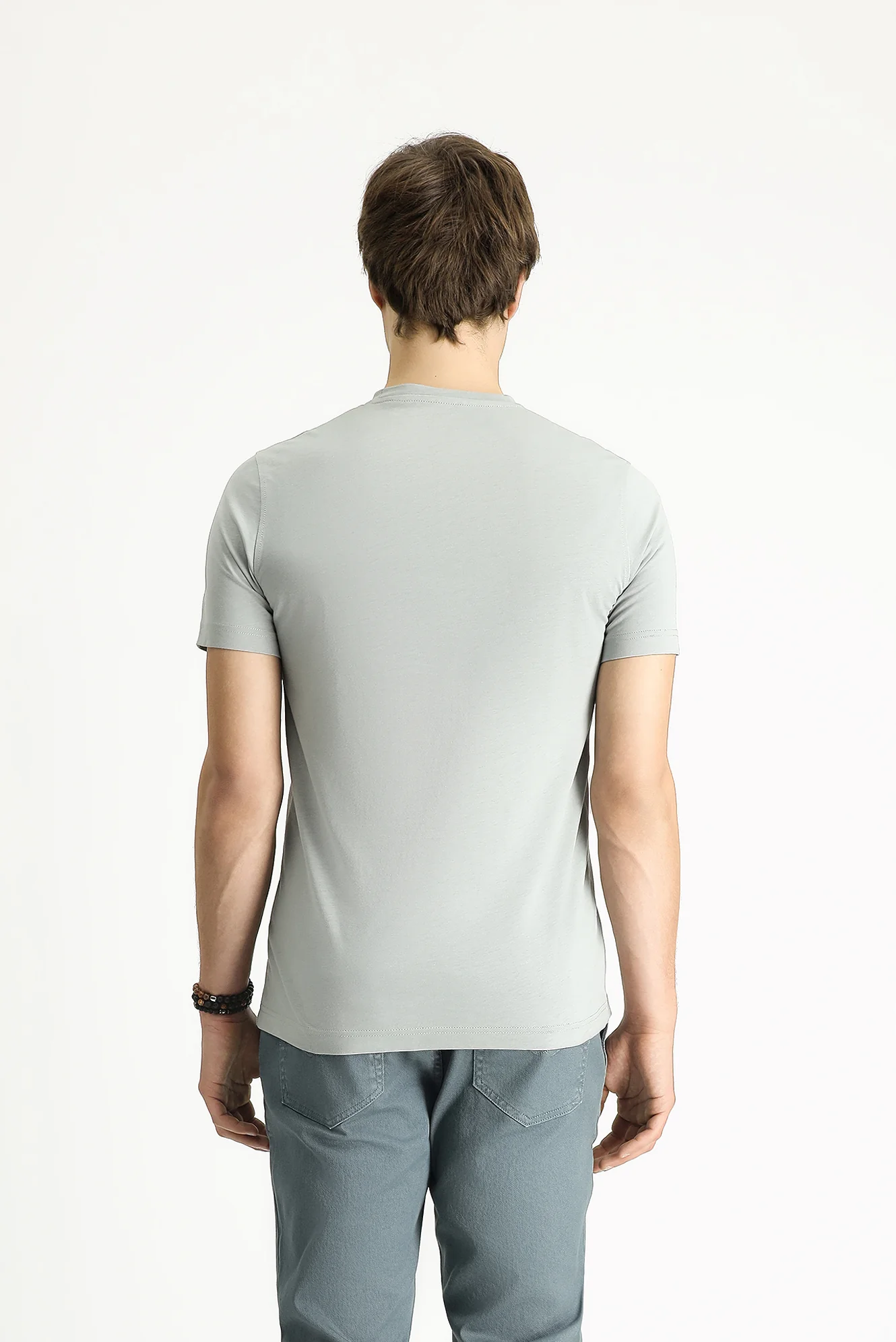 Orta Gri Bisiklet Yaka Slim Fit Dar Kesim Baskılı Pamuk Tişört - Image 4