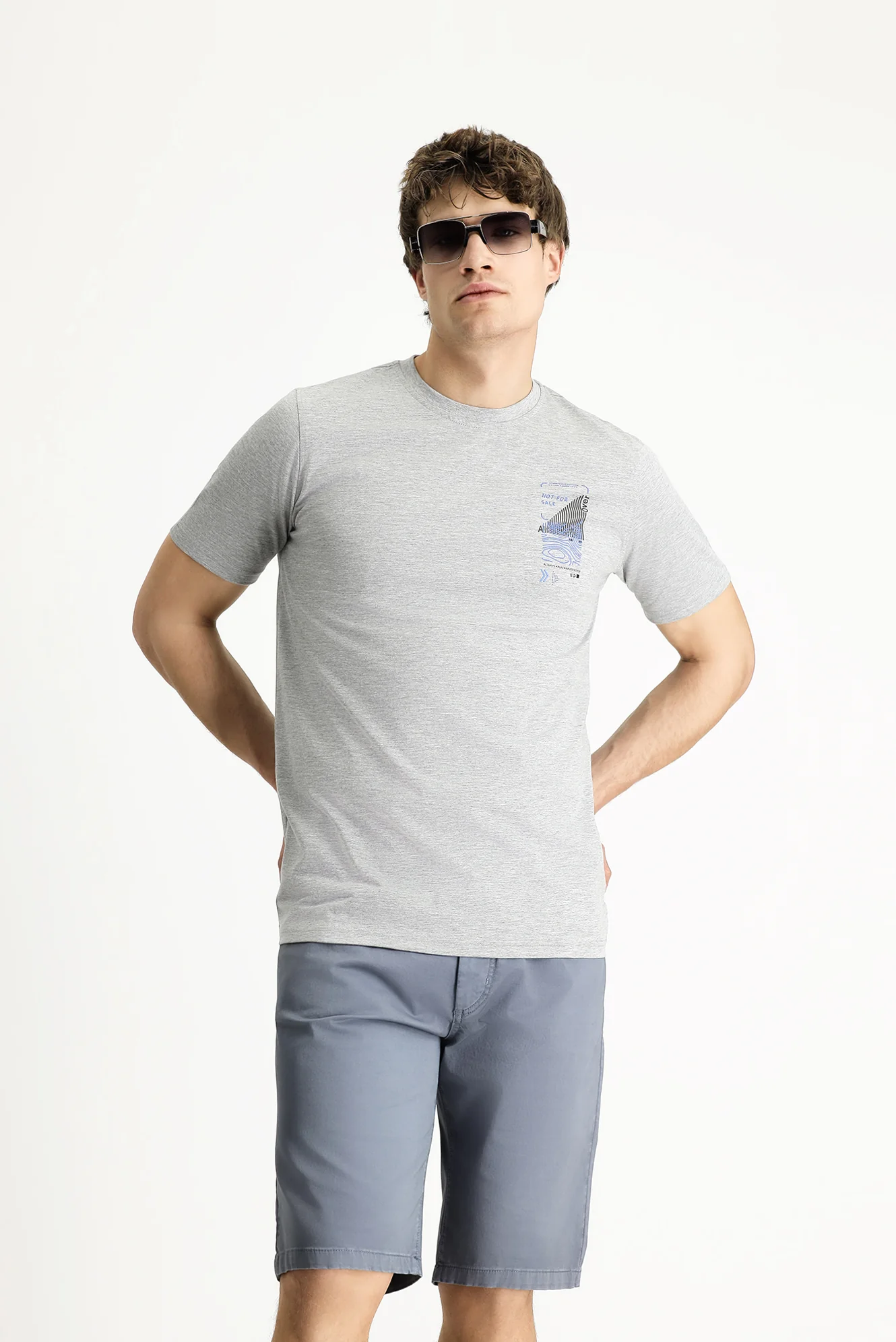 Orta Gri Bisiklet Yaka Slim Fit Dar Kesim Baskılı Pamuklu Tişört