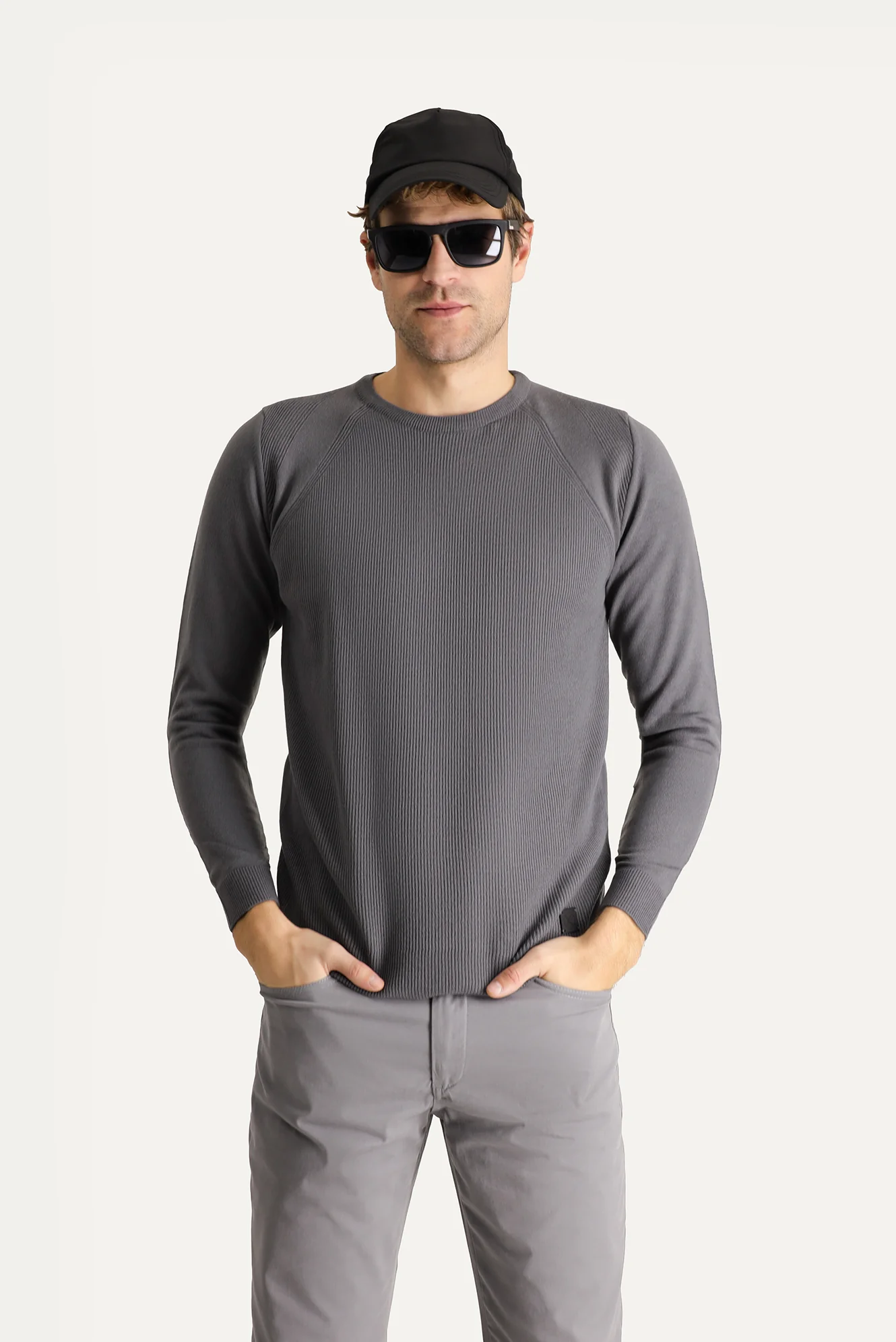 Orta Gri Bisiklet Yaka Slim Fit Dar Kesim Desenli Triko Kazak - Image 2