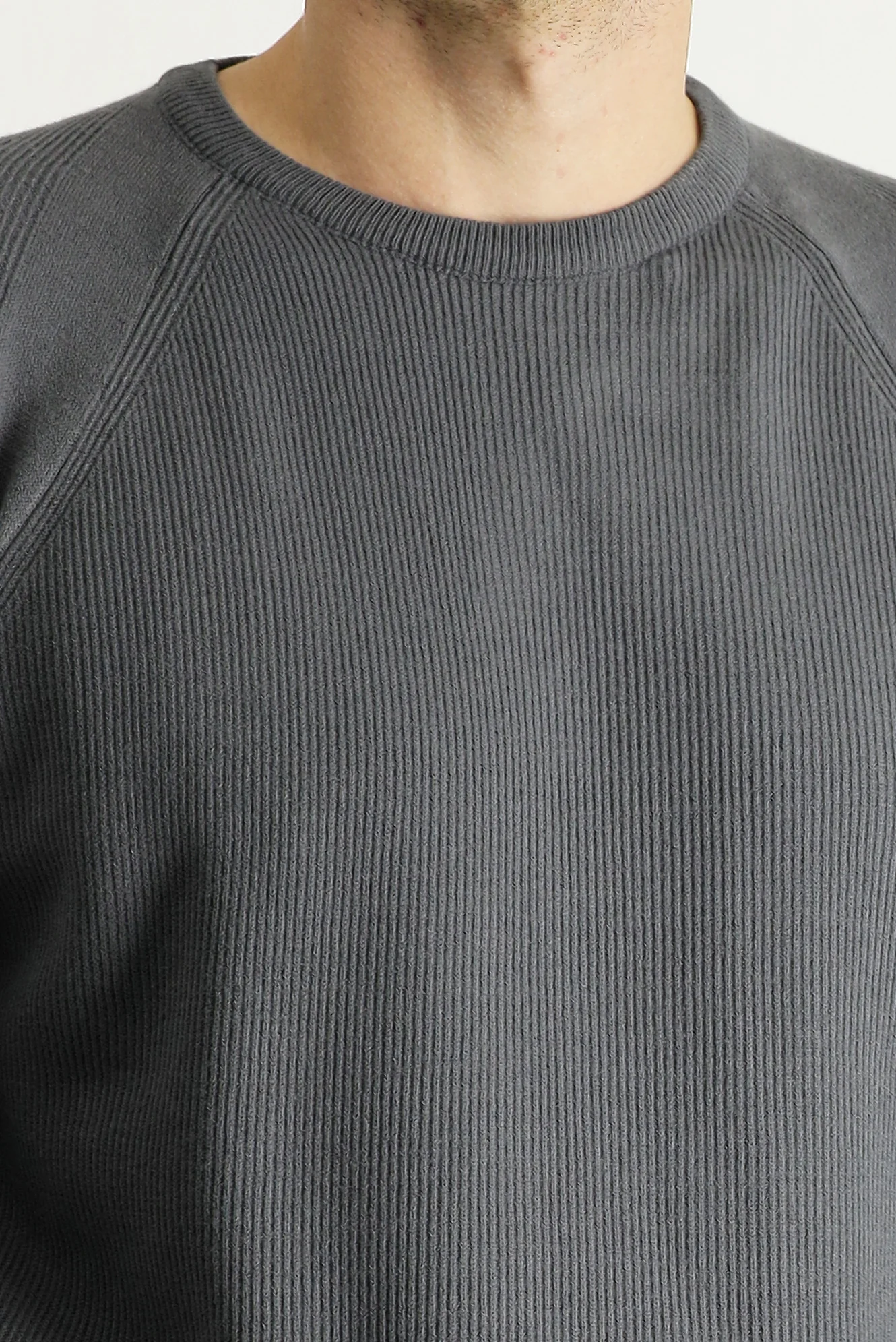 Orta Gri Bisiklet Yaka Slim Fit Dar Kesim Desenli Triko Kazak - Image 6