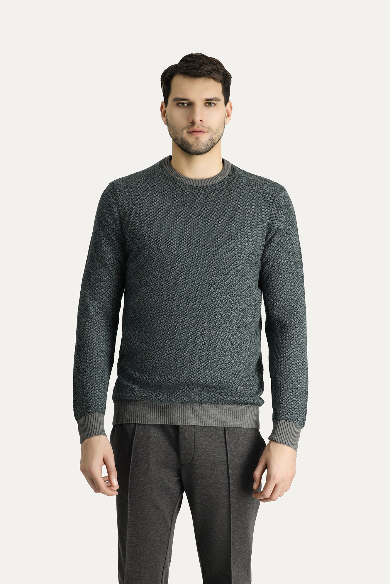 Orta Gri Bisiklet Yaka Slim Fit Desenli Triko Kazak - Image 3