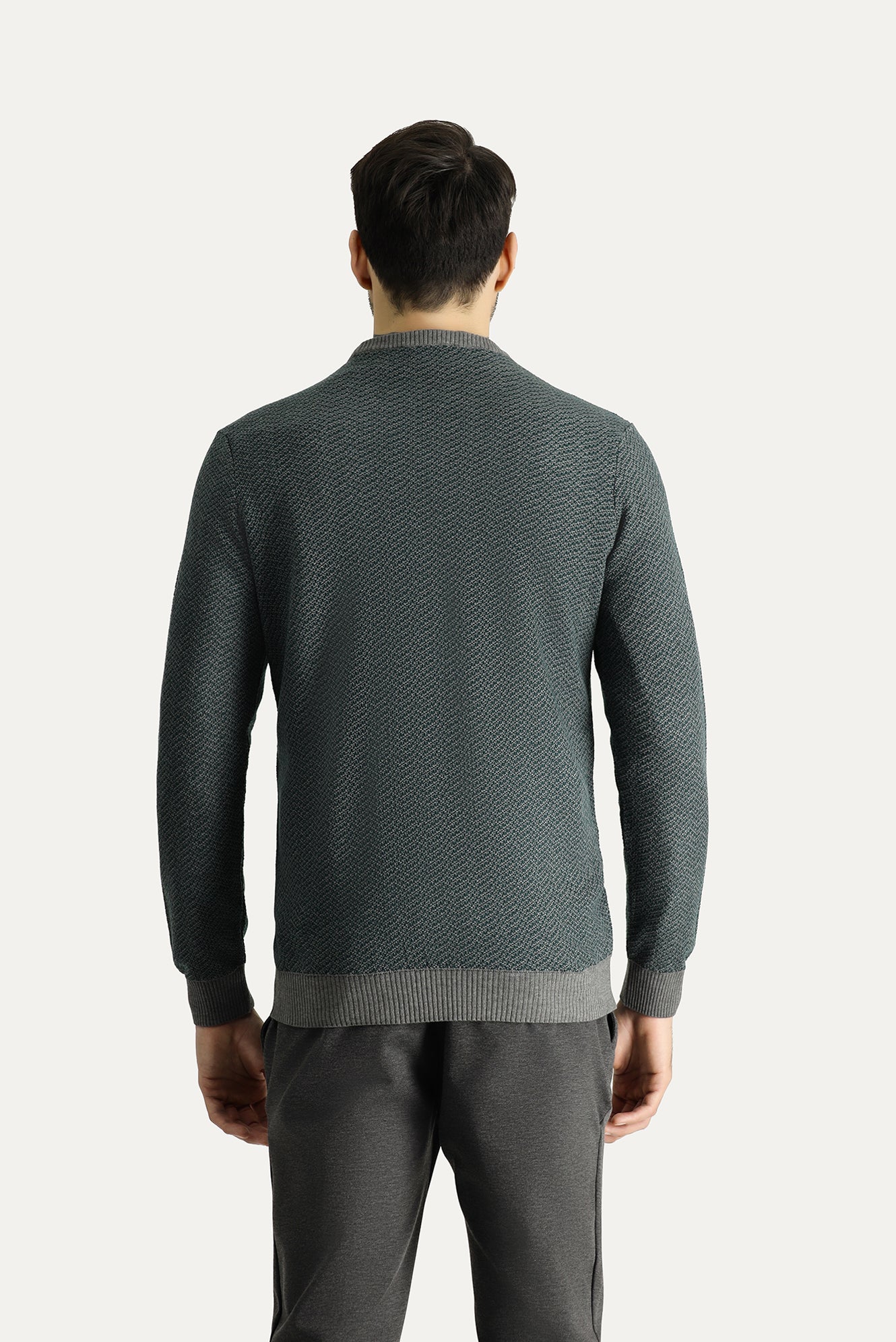 Orta Gri Bisiklet Yaka Slim Fit Desenli Triko Kazak - Image 4