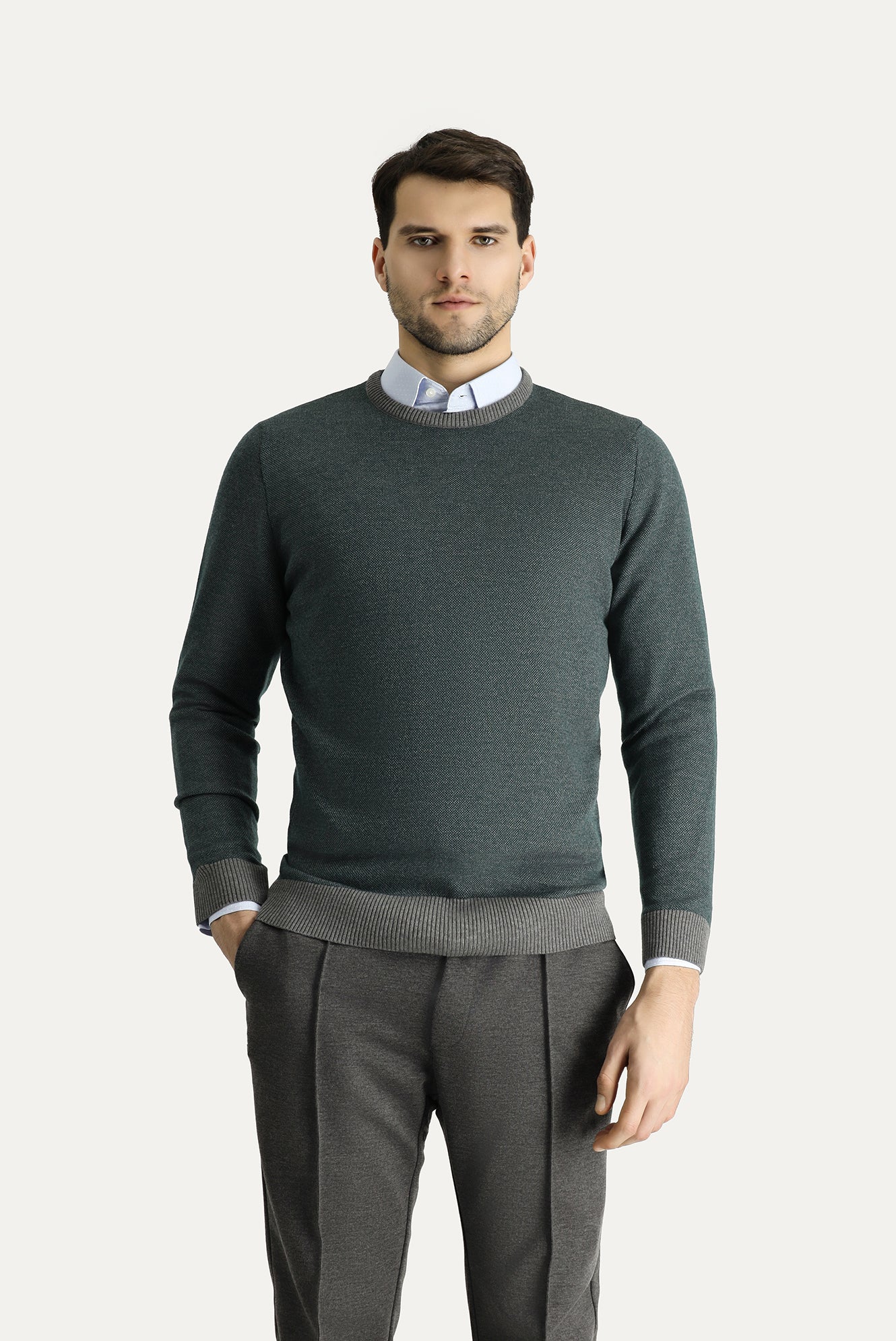 Orta Gri Bisiklet Yaka Slim Fit Dar Kesim Desenli Triko Kazak - Image 3