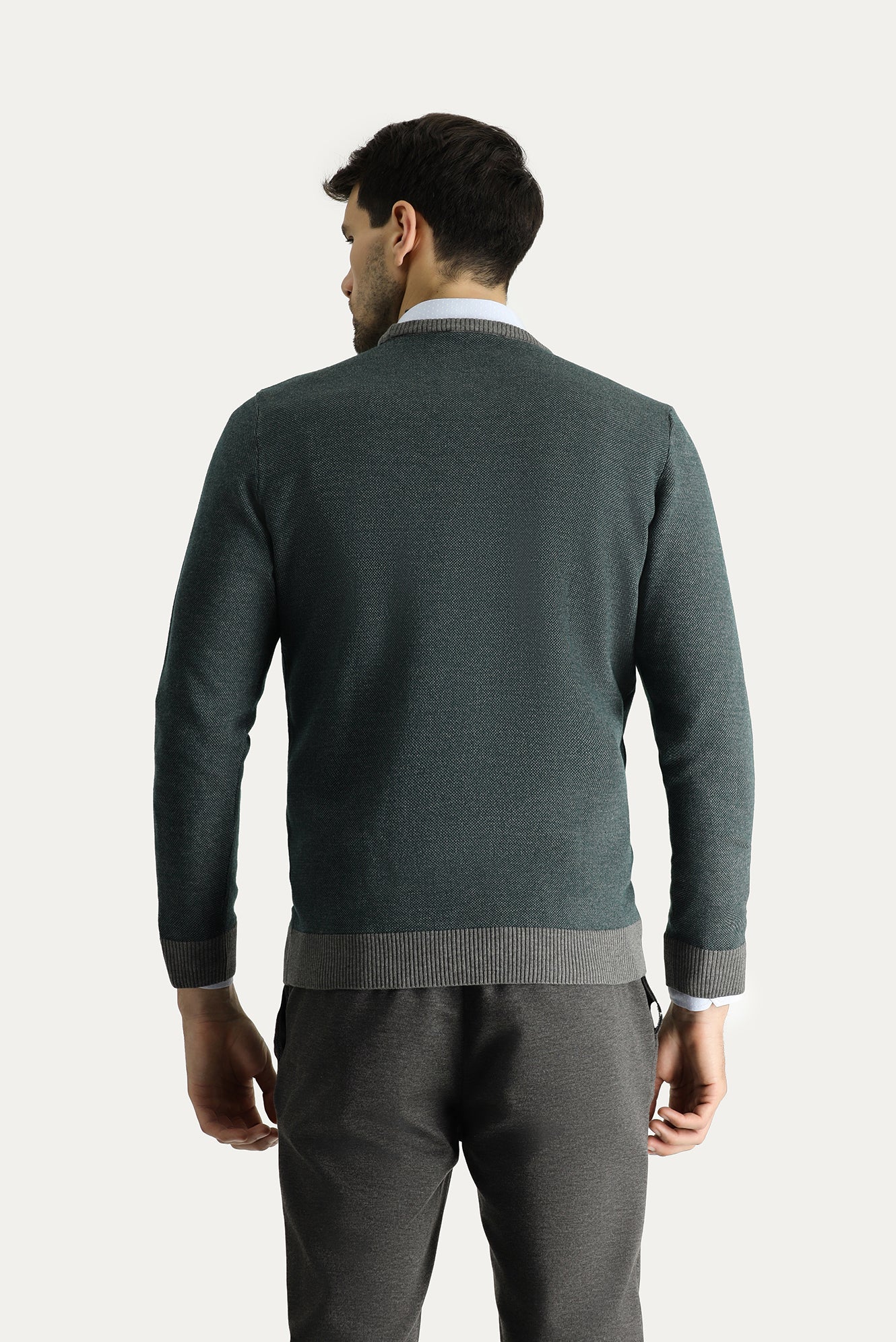 Orta Gri Bisiklet Yaka Slim Fit Dar Kesim Desenli Triko Kazak - Image 4