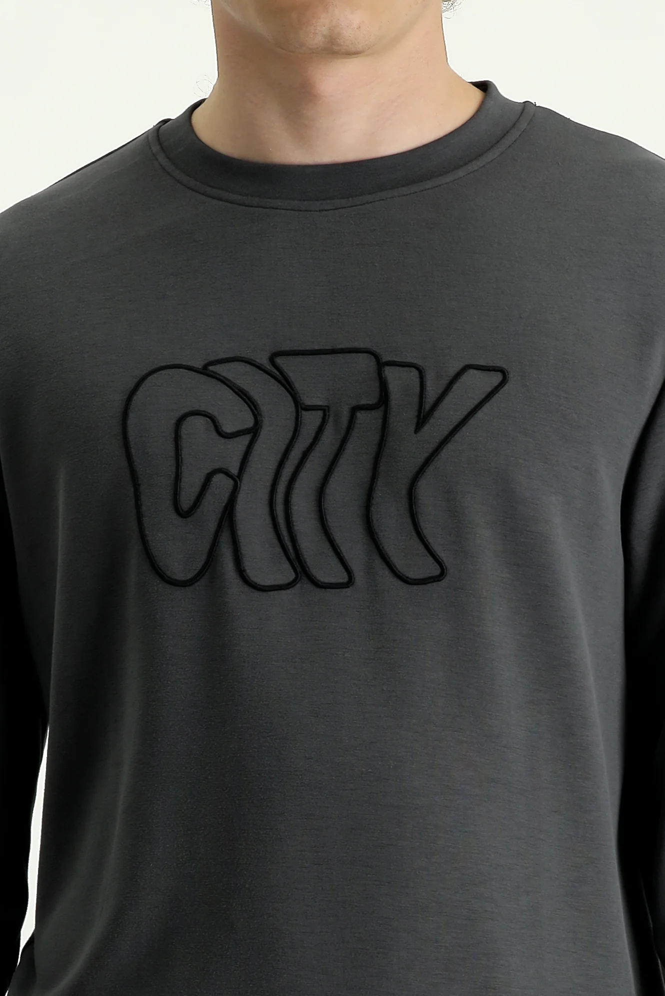 Orta Gri Bisiklet Yaka Slim Fit Dar Kesim Nakışlı Sweatshirt - Image 4