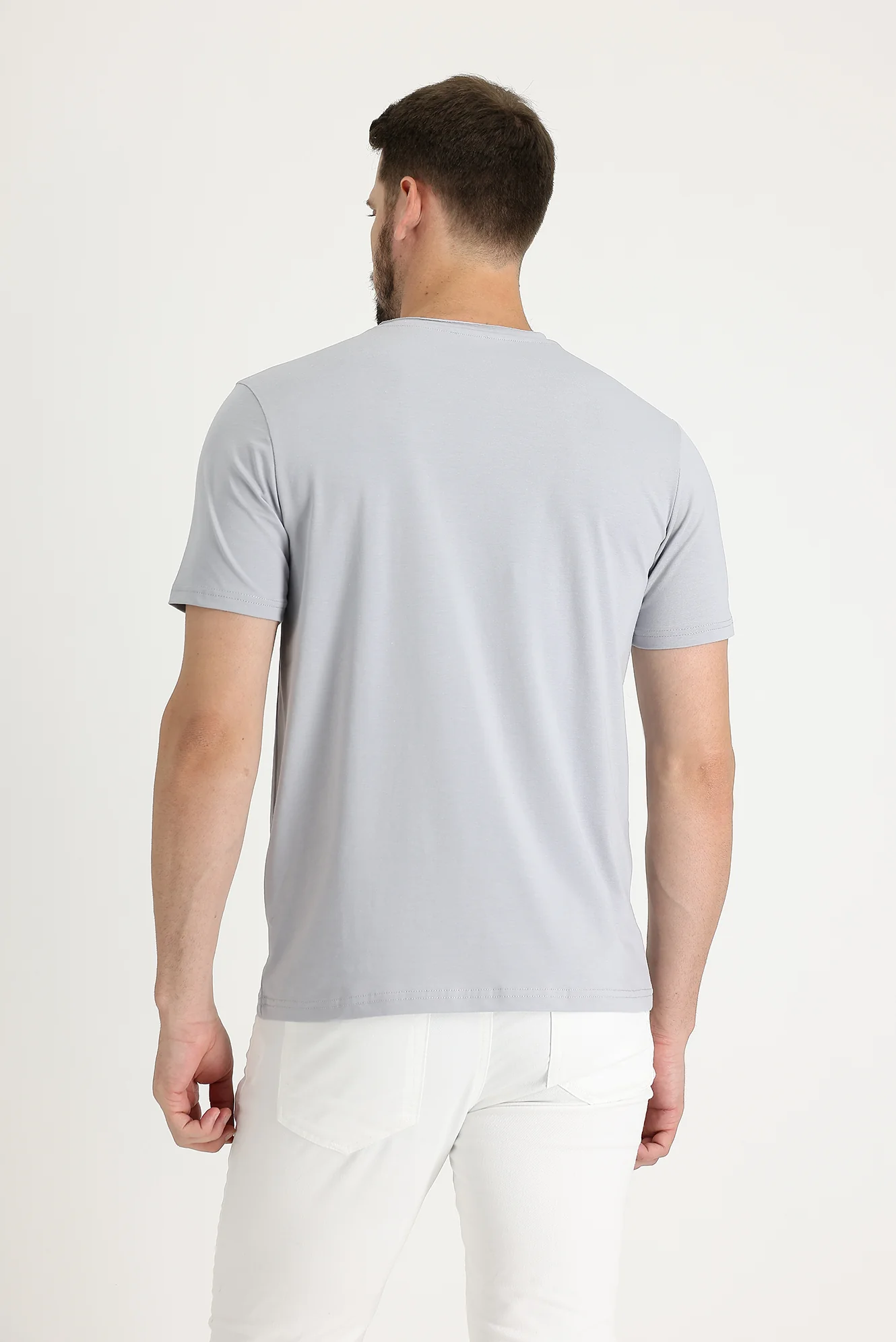 Orta Gri Bisiklet Yaka Slim Fit Dar Kesim Tişört - Image 2