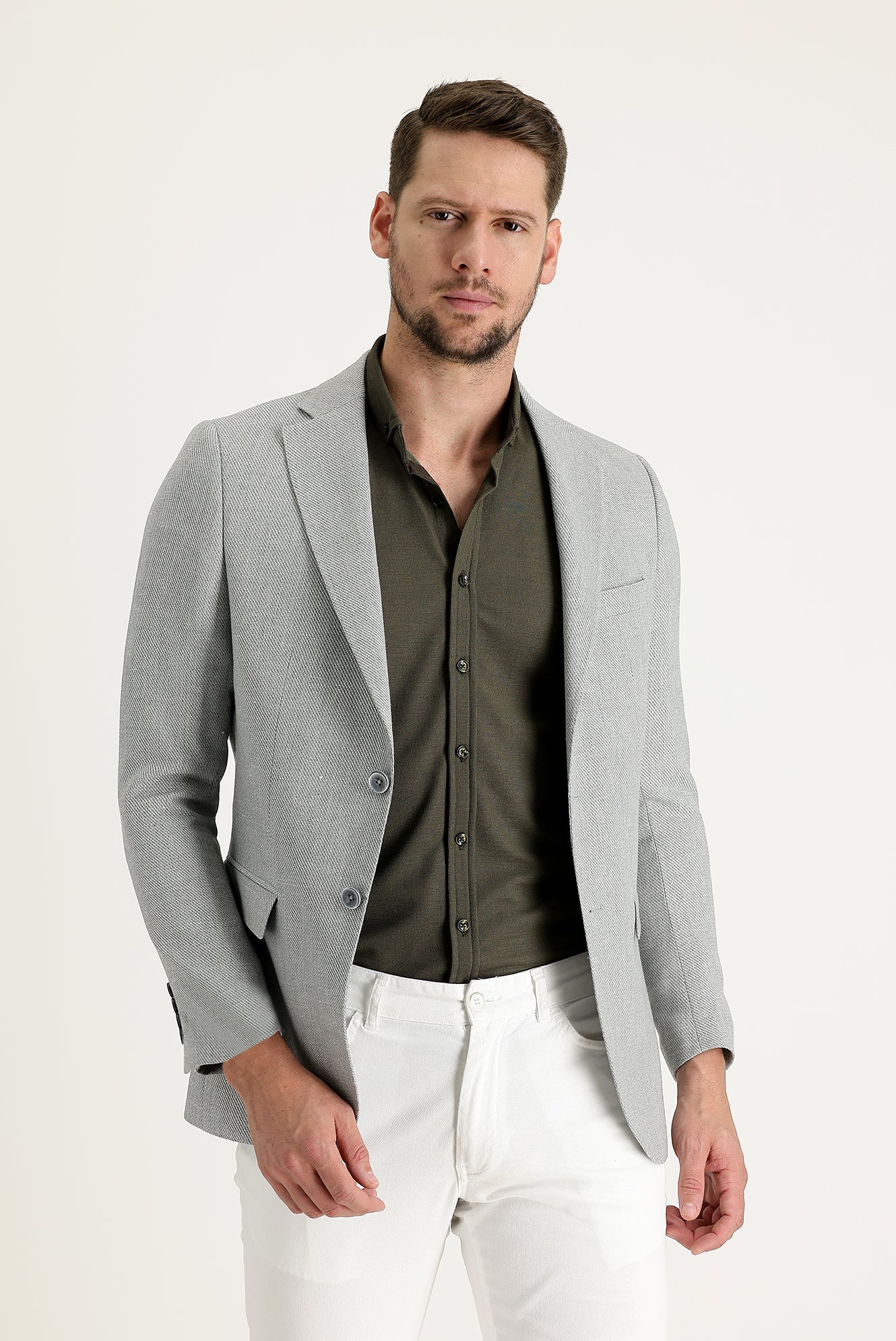 Orta Gri 4 Drop Relaxed Fit Rahat Kesim Desenli Klasik Ceket