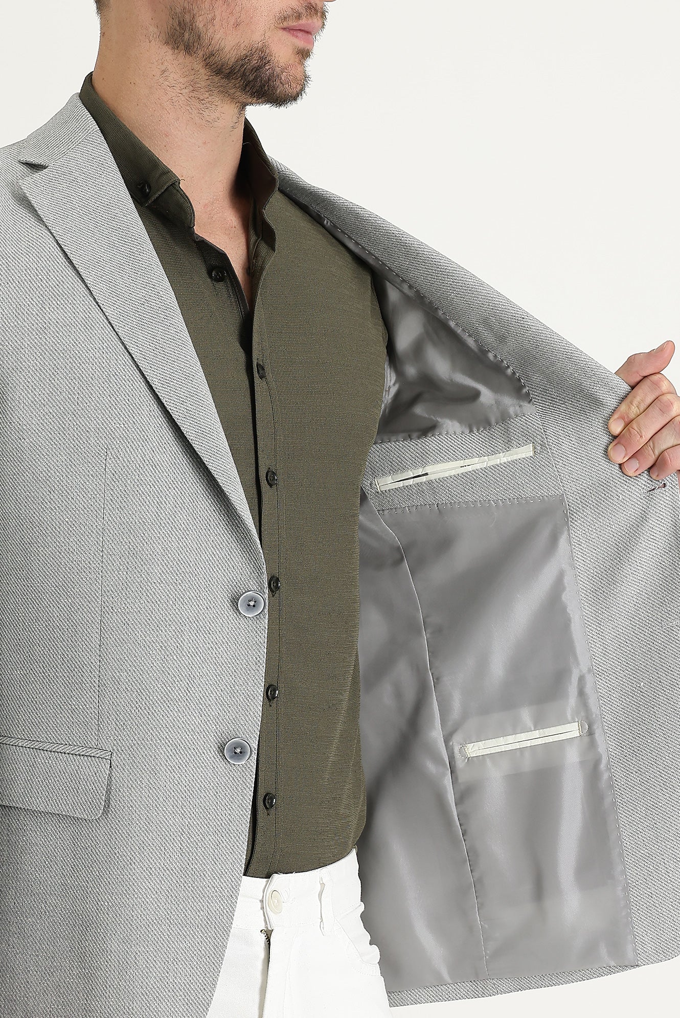 Orta Gri 4 Drop Relaxed Fit Rahat Kesim Desenli Klasik Ceket - Image 4