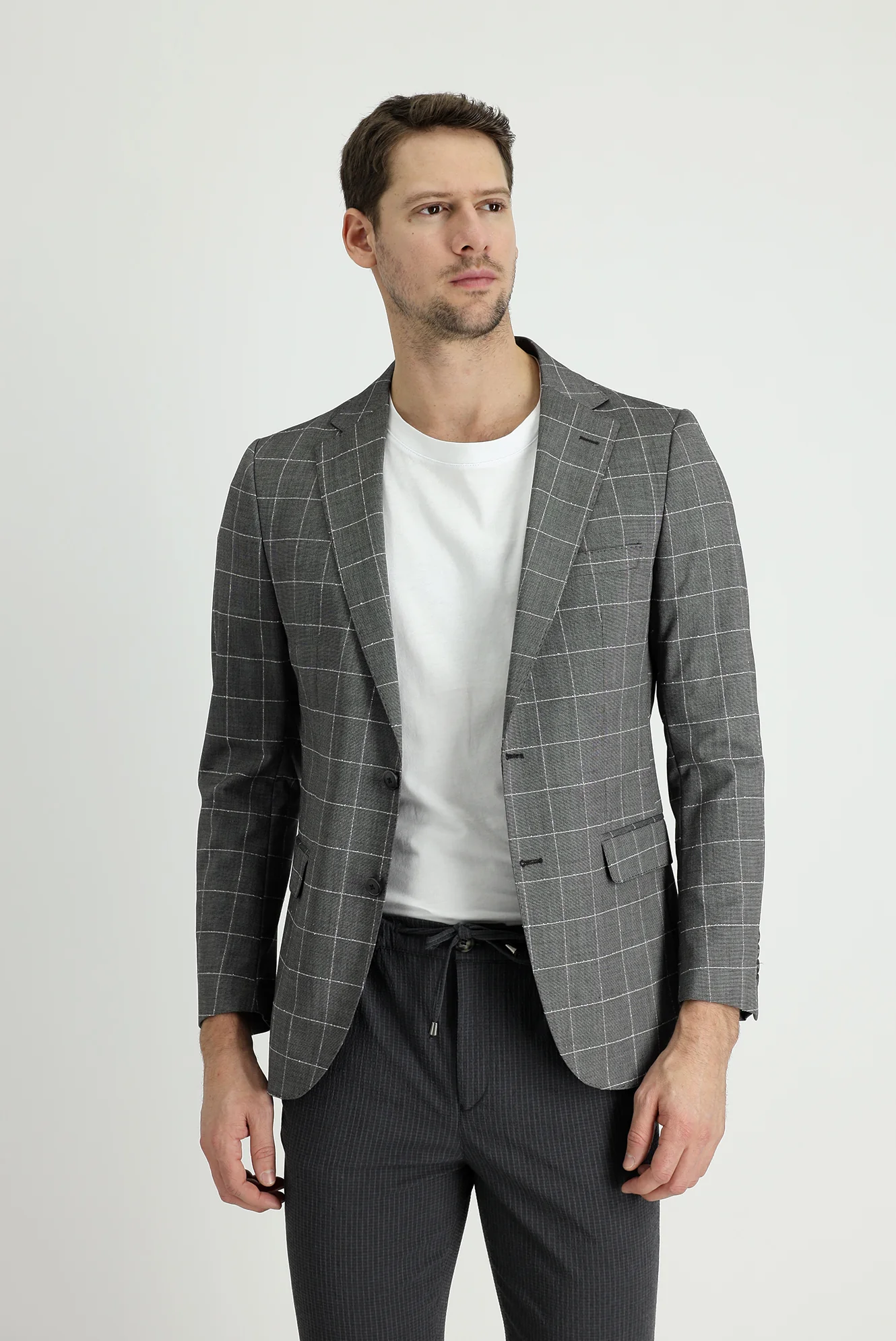 Orta Gri 4 Drop Relaxed Fit Rahat Kesim Kareli Ceket