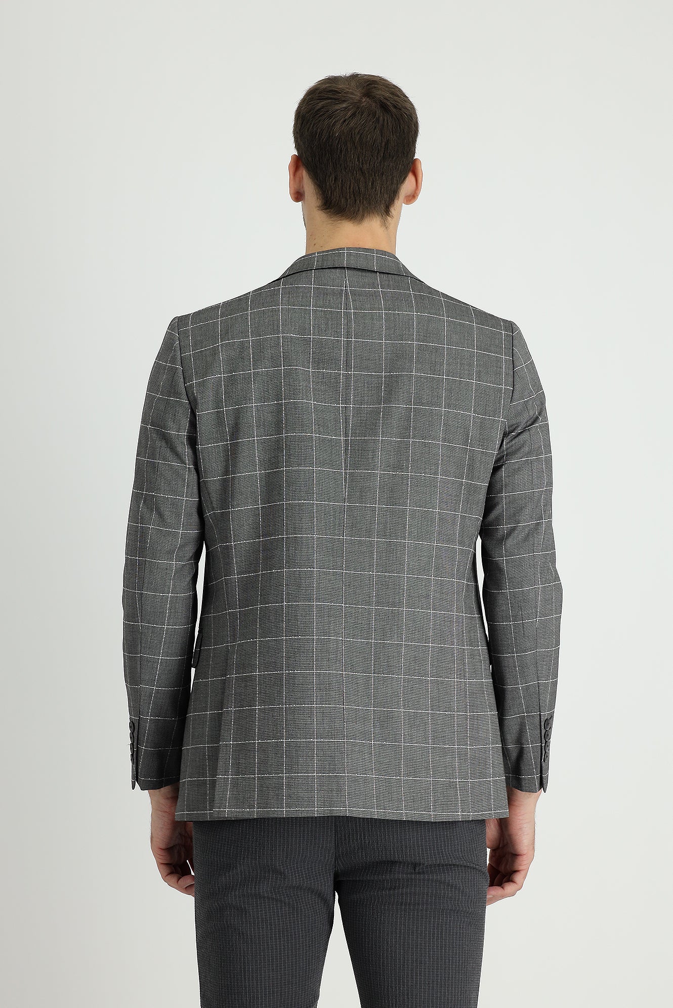 Orta Gri 7 Drop Slim Fit Dar Kesim Kareli Ceket - Image 2