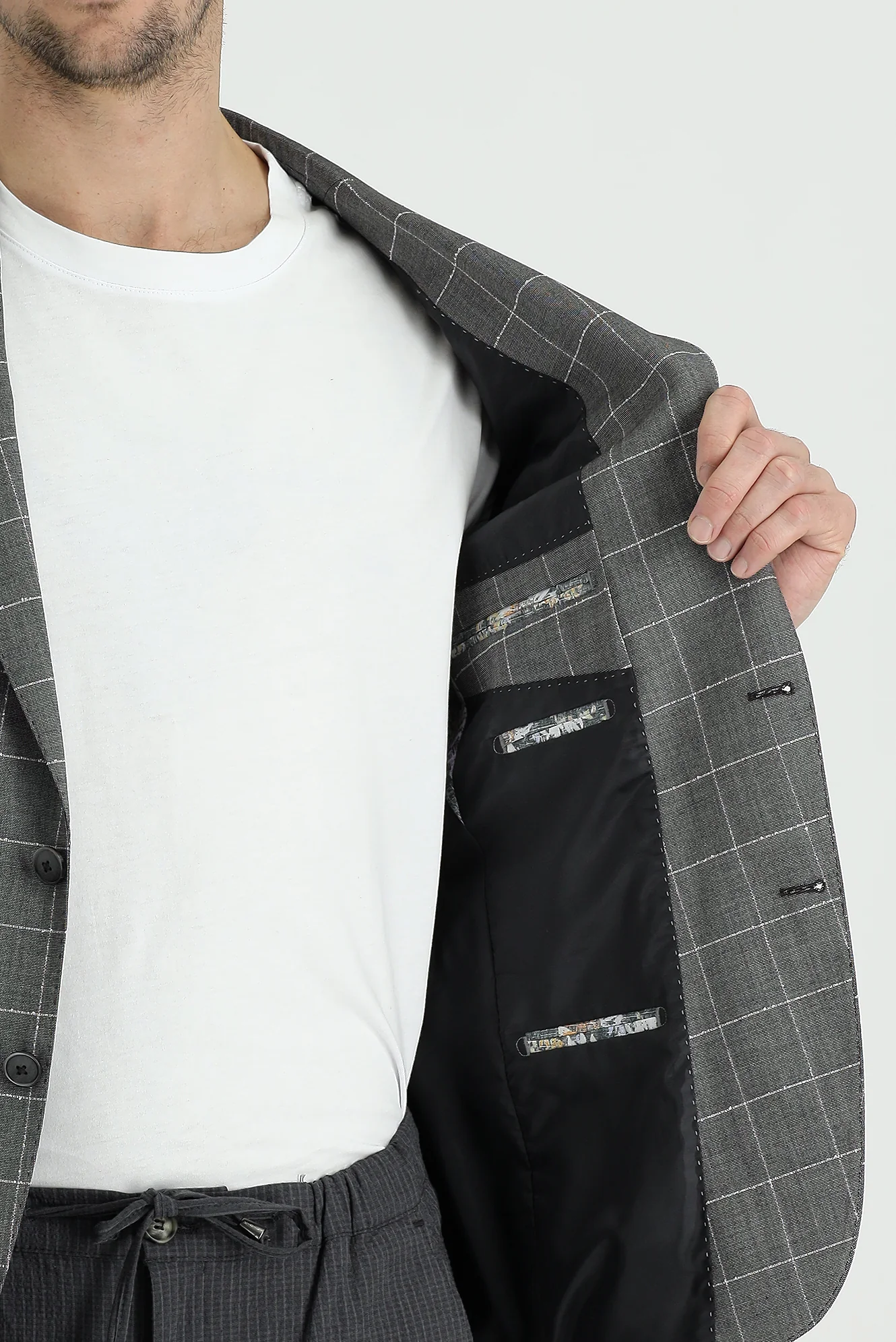 Orta Gri 7 Drop Slim Fit Dar Kesim Kareli Ceket - Image 3
